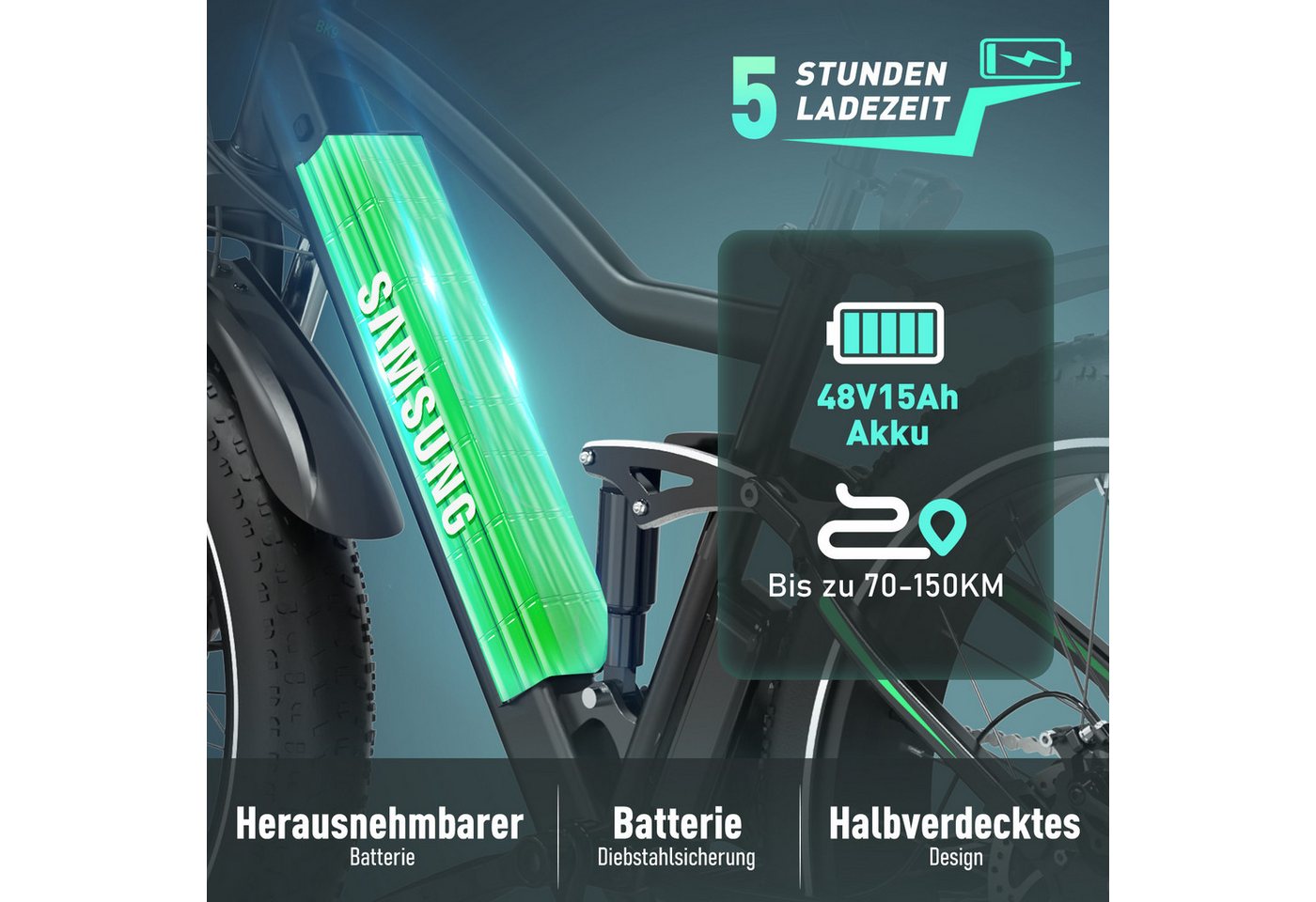 Thumbnail - HITWAY E-Bike Mountainbike 26*4,0 Zoll Elektrofahrrad EMTB mit 48V15Ah Samsung Akku, 7 Gang shimano Schaltwerk, Kettensc...