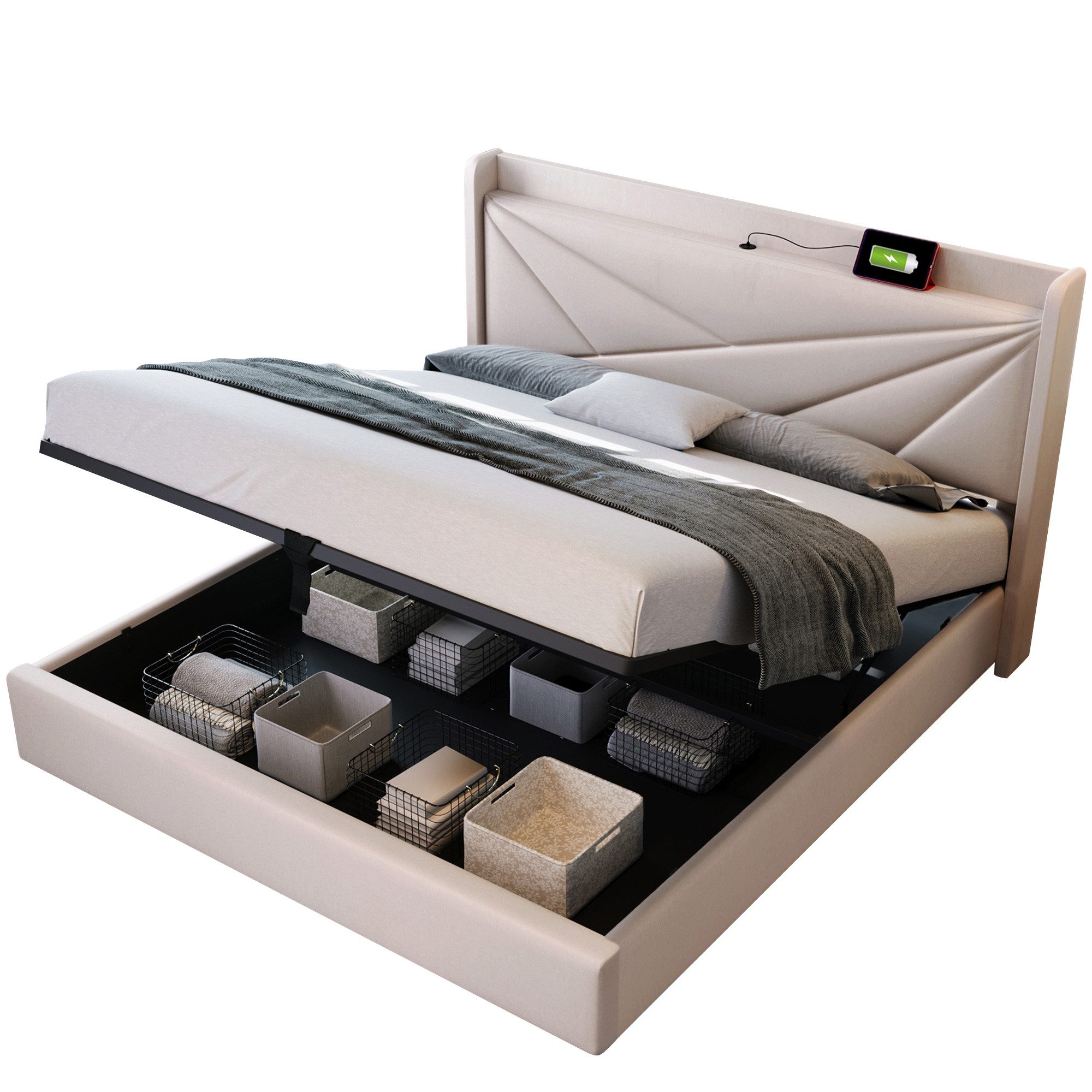 Flieks Polsterbett, Massivholz Stauraumbett mit USB/Typ-C günstig online kaufen