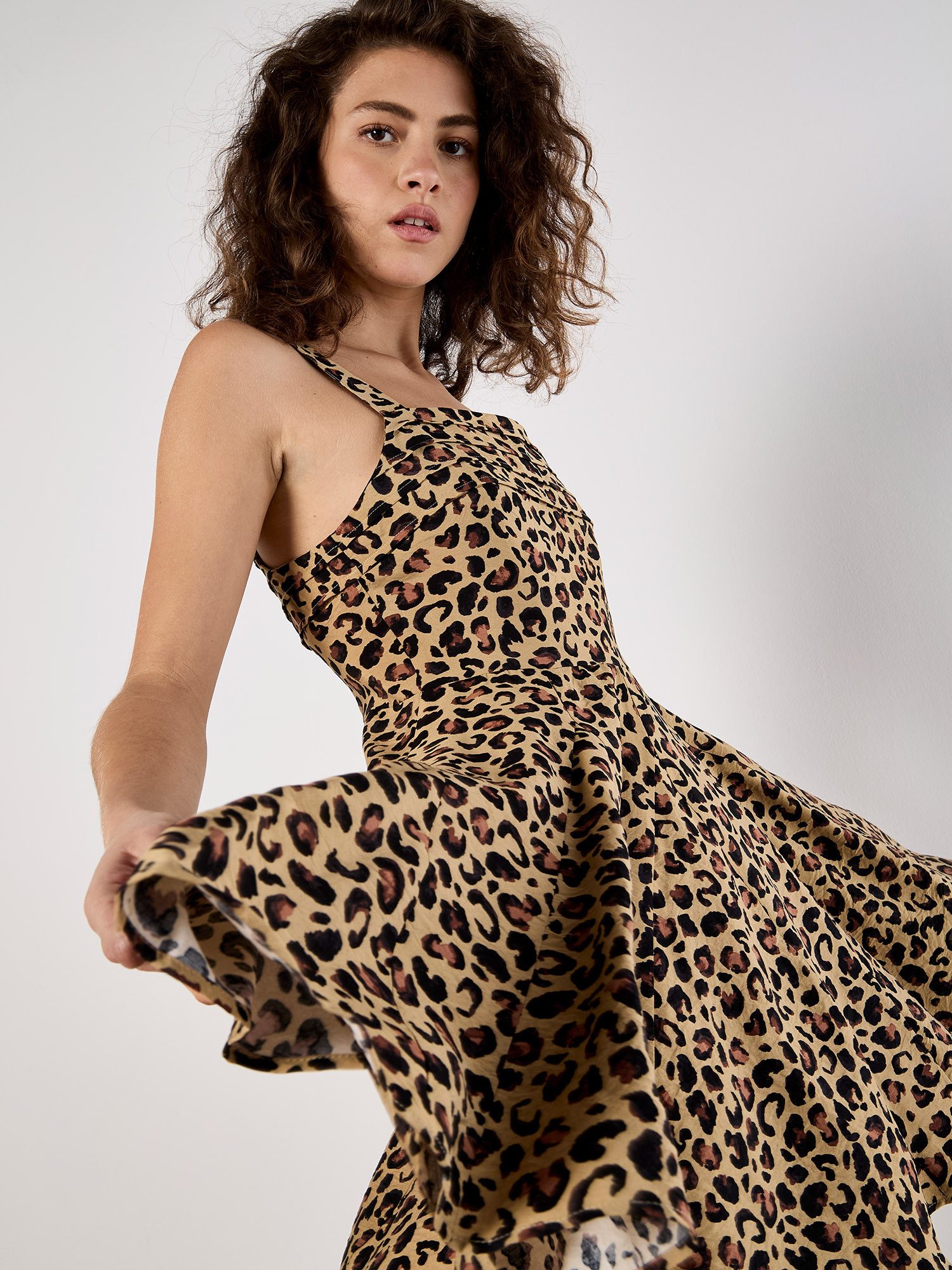 Apricot Druckkleid Animal Print Godet Skirt Dress, mit Trägern günstig online kaufen