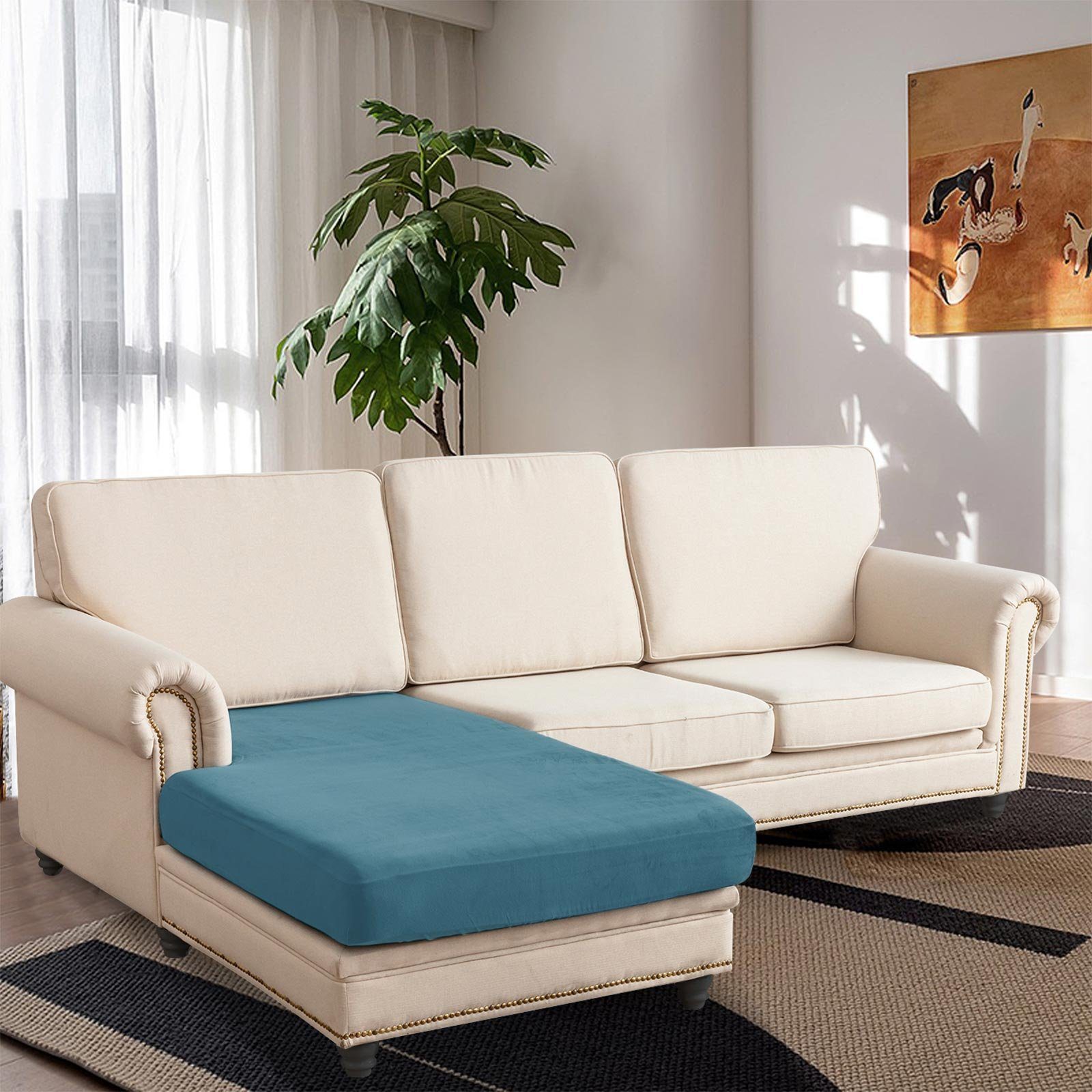 Sofahusse Sofa Sitzbezug,Samt Sitzkissenbezug, Stretch,Schonbezug, Rosnek, Stretch Elastic Chaise Loung Sofahusse Blau