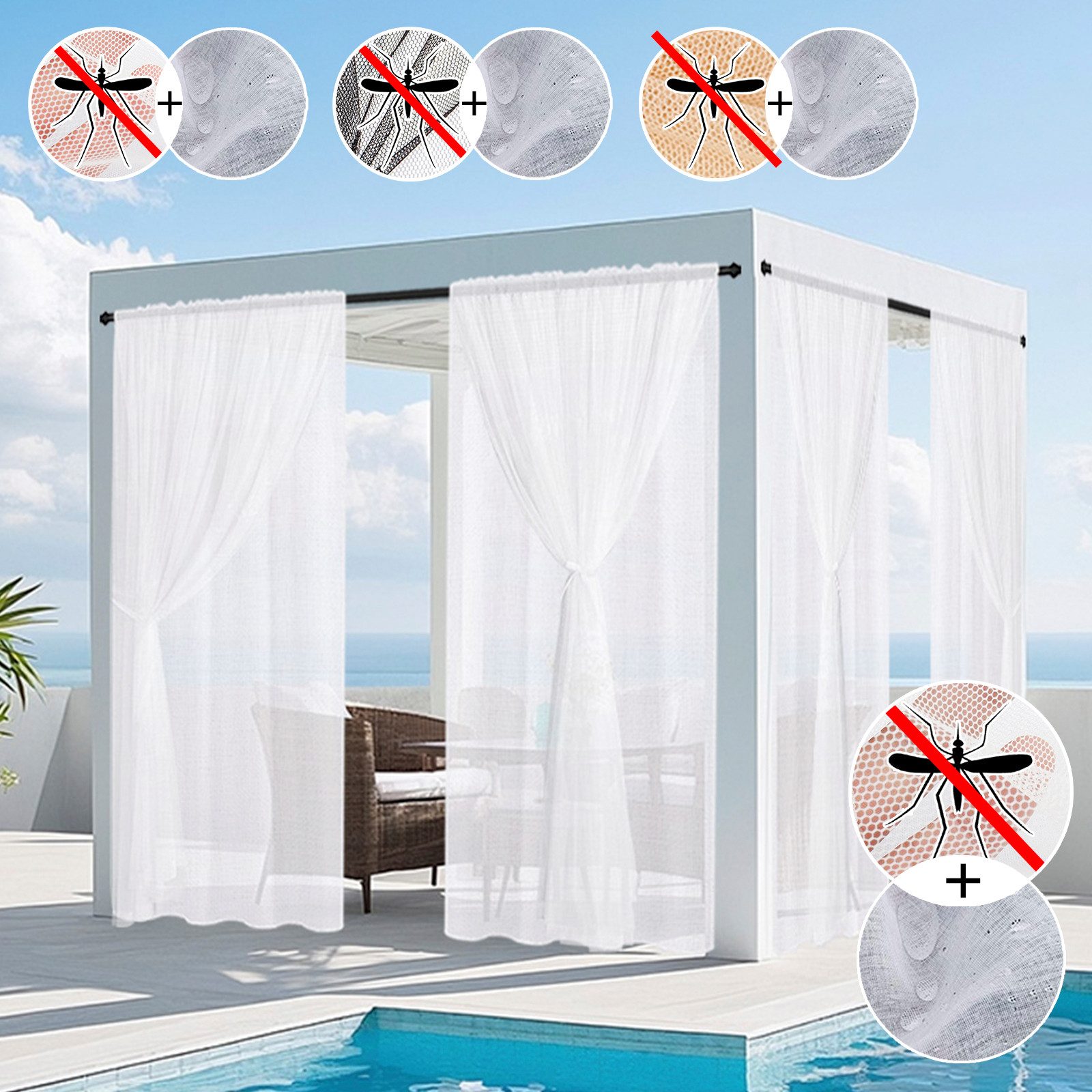 BTTO V&G Outdoorvorhang Outdoorvorhang Wasserdicht Moskitonetz Outdoor Vorhang,2 Lagen Design (1 St), transparent, Rod Pocket,Sonnenschutz & Sichtschutz,für Balkon Rasen Garten