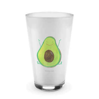 Mr. & Mrs. Panda Glas Avocado Glücklich - Transparent - Geschenk, Vegan, Chaos, Latte Macch, Premium Glas, Edles Matt-Design