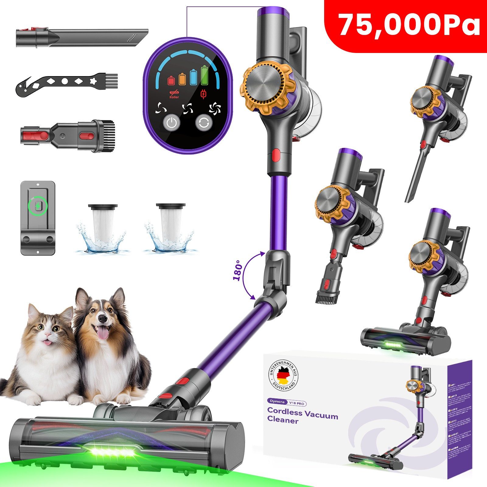DyMona Akku-Hand-und Stielstaubsauger 75000Pa Akkustaubsauger 600W/70Min. Staubsauger Kabellos freistehend, 1,2L Elektrischer Staubsauger Flexibles Biegegelenk,Anti-Tangle Bürste, 7-fach Filtersystem,OLED Display für Böden/Teppiche/Auto/Allergiker