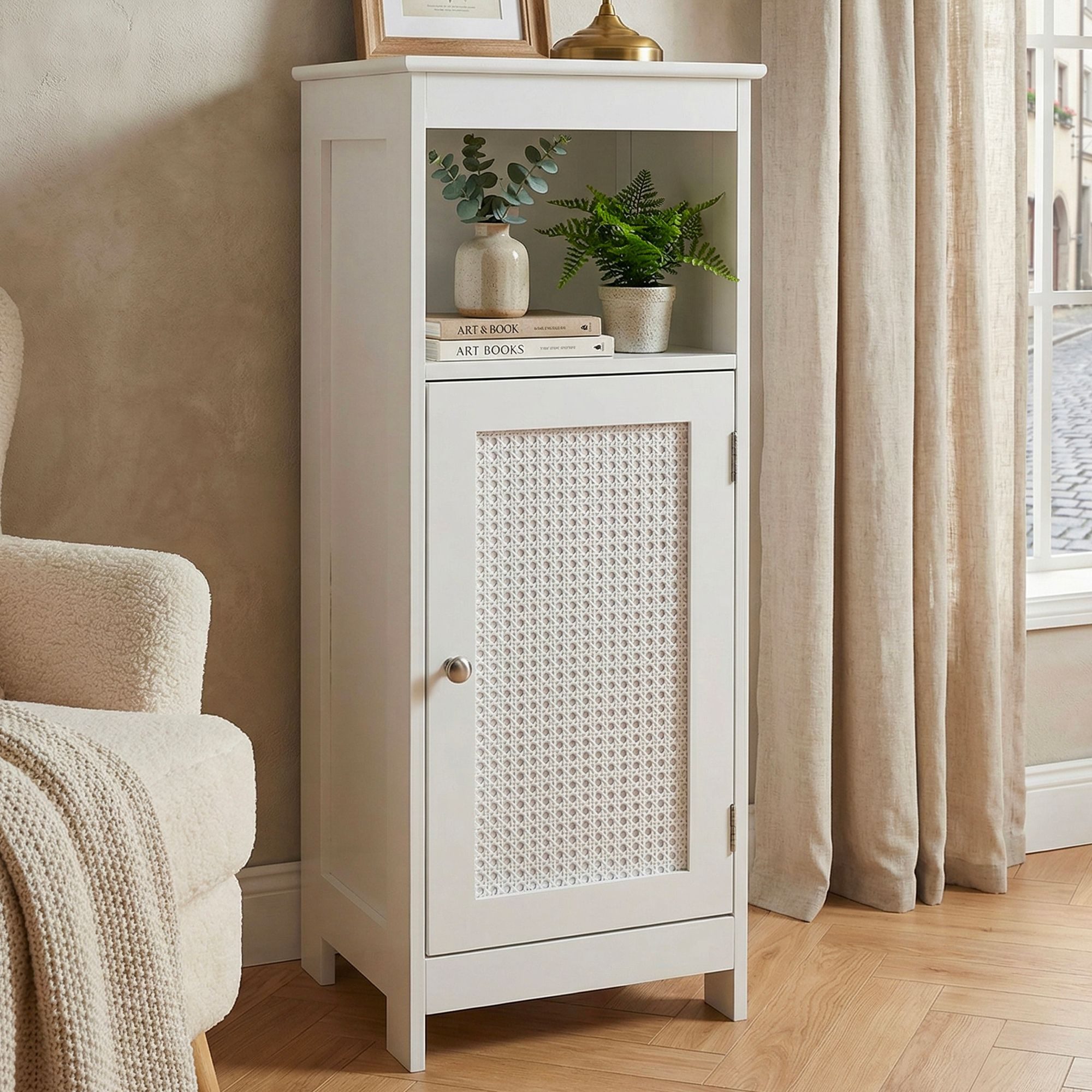 FINEBUY Standregal FB113482 Standregal Weiß Nischenregal Stauraumregal Kleiner Schrank, Stilvolle Aufbewahrung für kleine Räume, Dekoratives Möbel mit luftiger Optik
