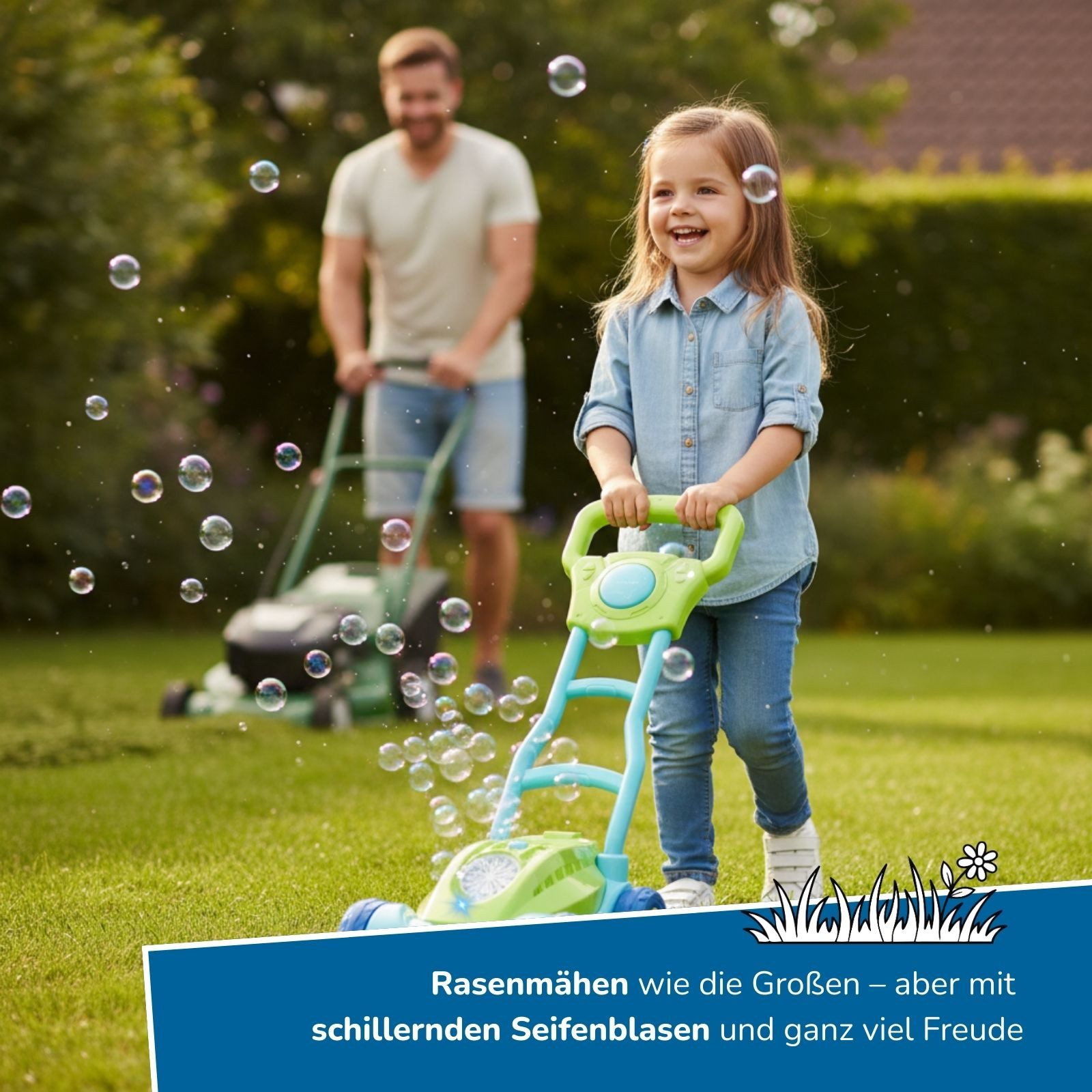 alldoro Seifenblasenspielzeug 2 in 1 Set: Seifenblasen-Rasenmäher mit 2,5L Nachfüllkanister, auslaufsicher, Licht & Hupe + XXL-Nachschub für Kinder ab 3 Jahren