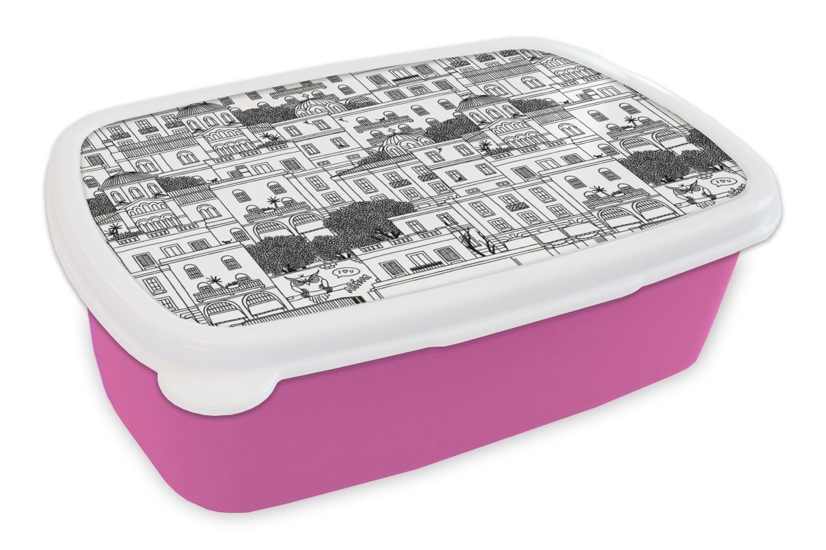 MuchoWow Lunchbox Muster - Athen - Haus, Kunststoff, (2-tlg), Brotbox für Erwachsene, Brotdose Kinder, Snackbox, Mädchen, Kunststoff rosa