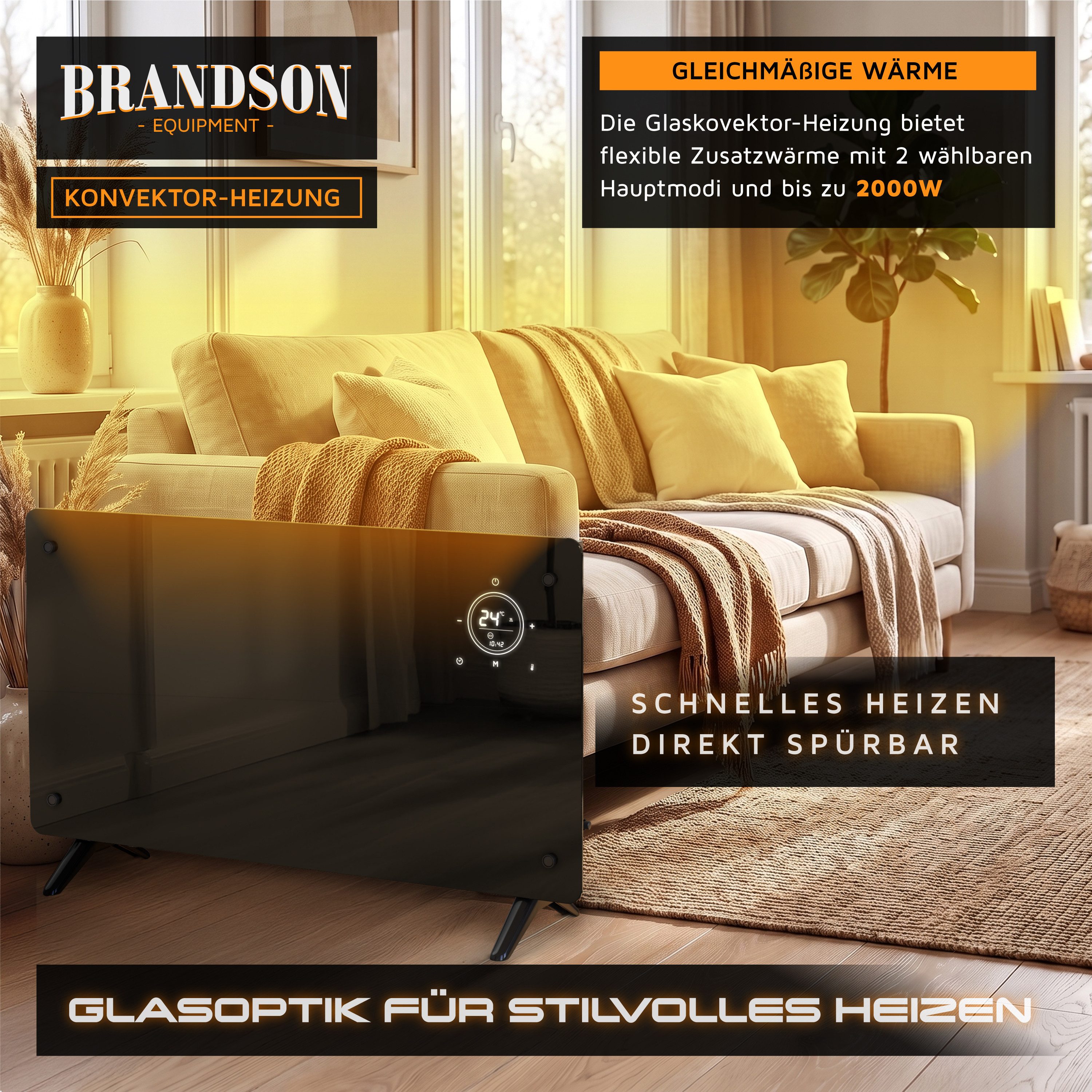 Brandson Konvektor Elektroheizung mit Glasfront schwarz, Wochenprogramm, Fernbedienung, 2000 W, Comfort-, ECO- & Frostschutz-Modus, 15-50 °C, 24h-Timer – Bild 3 von 5