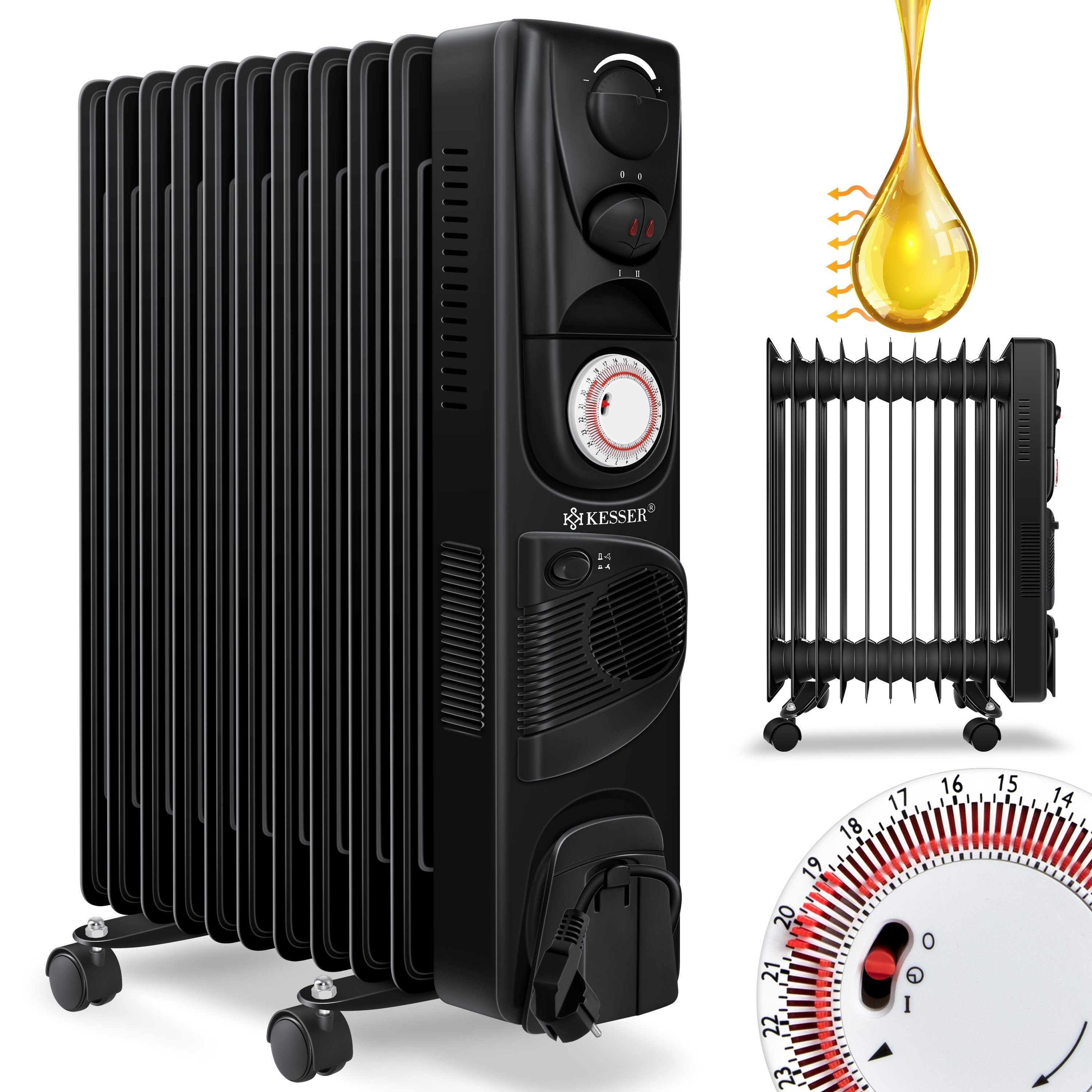 Schwarz KESSER 2500W 11 + Ölradiator Elektrische Heizung Öl Ölradiator, 2500W Elektro Radiator W, Lüfter - / Rippen 2500