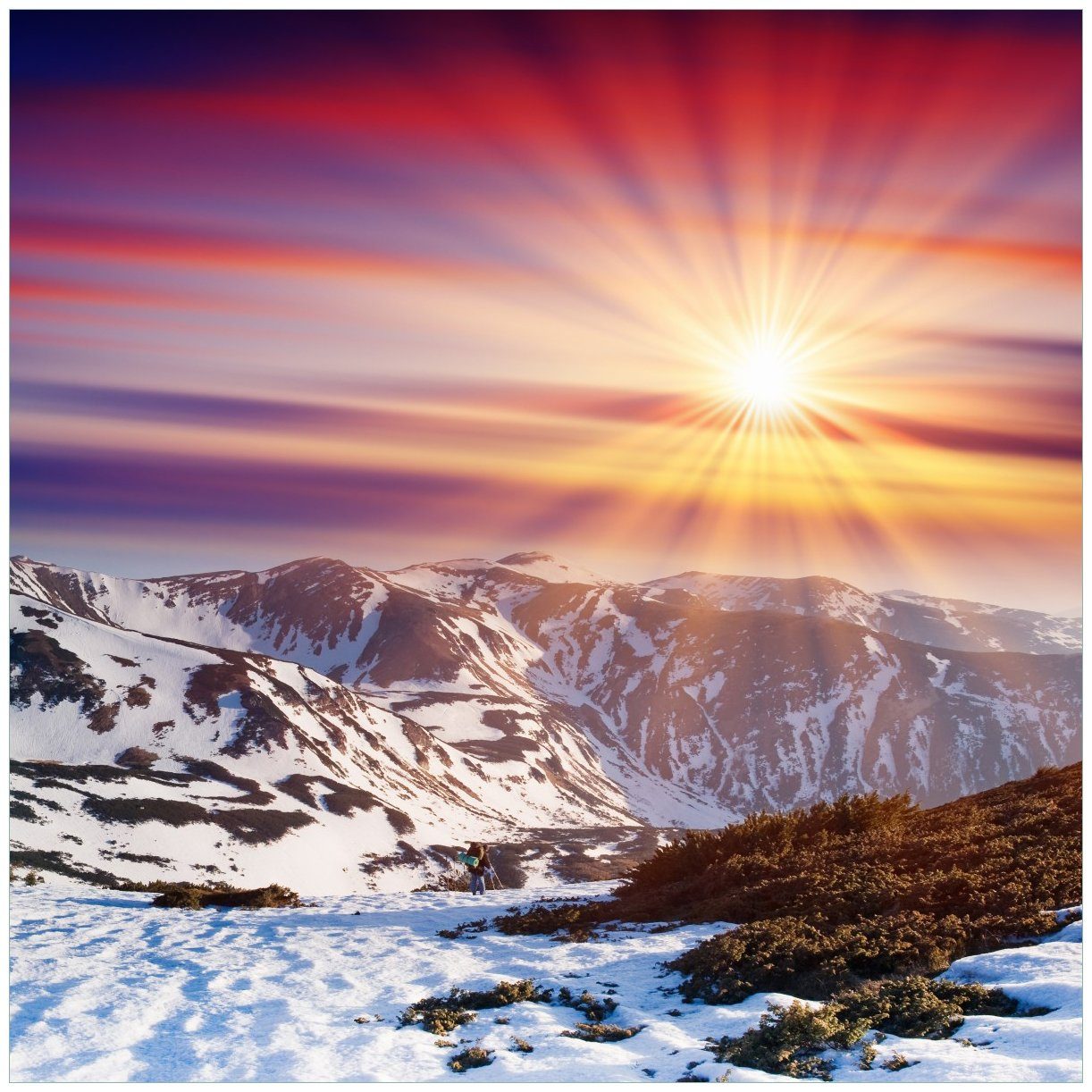 Wallario Tischplatte Farbenfroher Sonnenuntergang im Winter - Schnee in den Bergen (1 St), für Ikea Lack Tisch geeignet