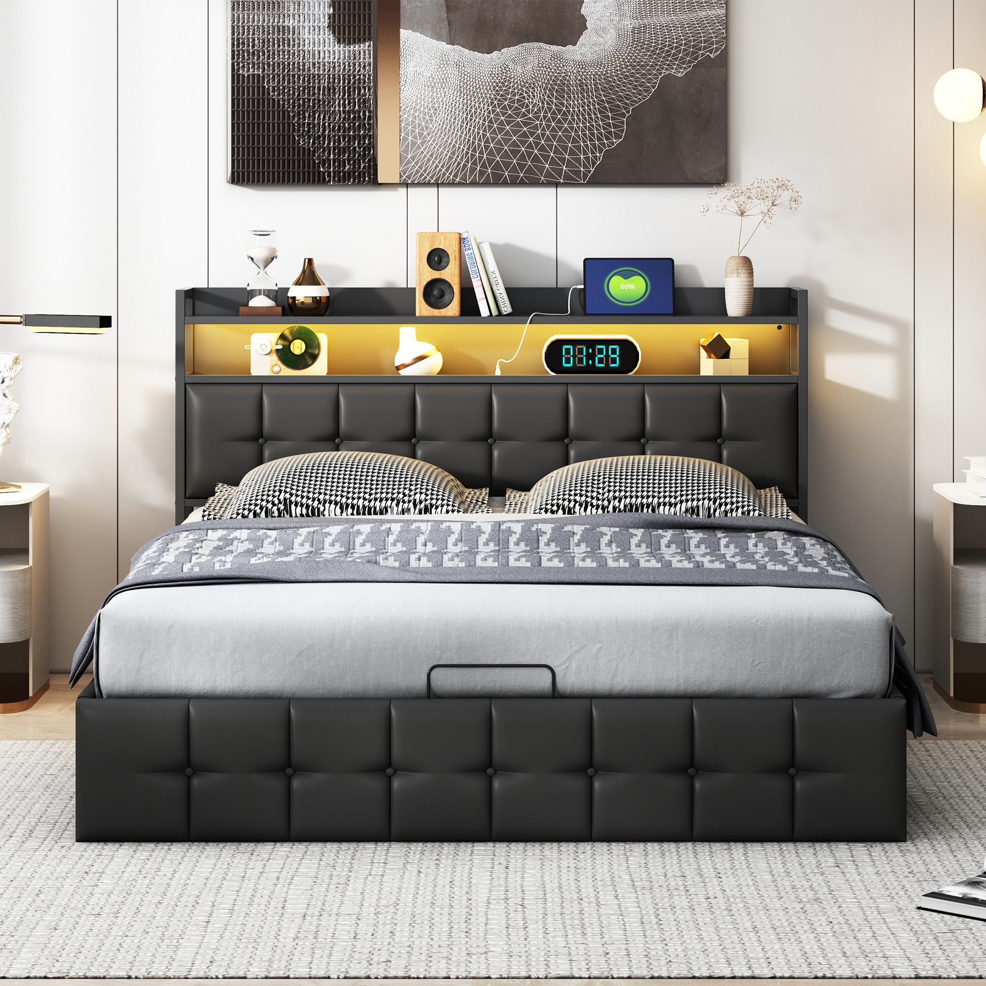 NMCXXO Polsterbett Polsterbett mit Kopfteil, LED und Steckdosen (inkl. Hydr günstig online kaufen