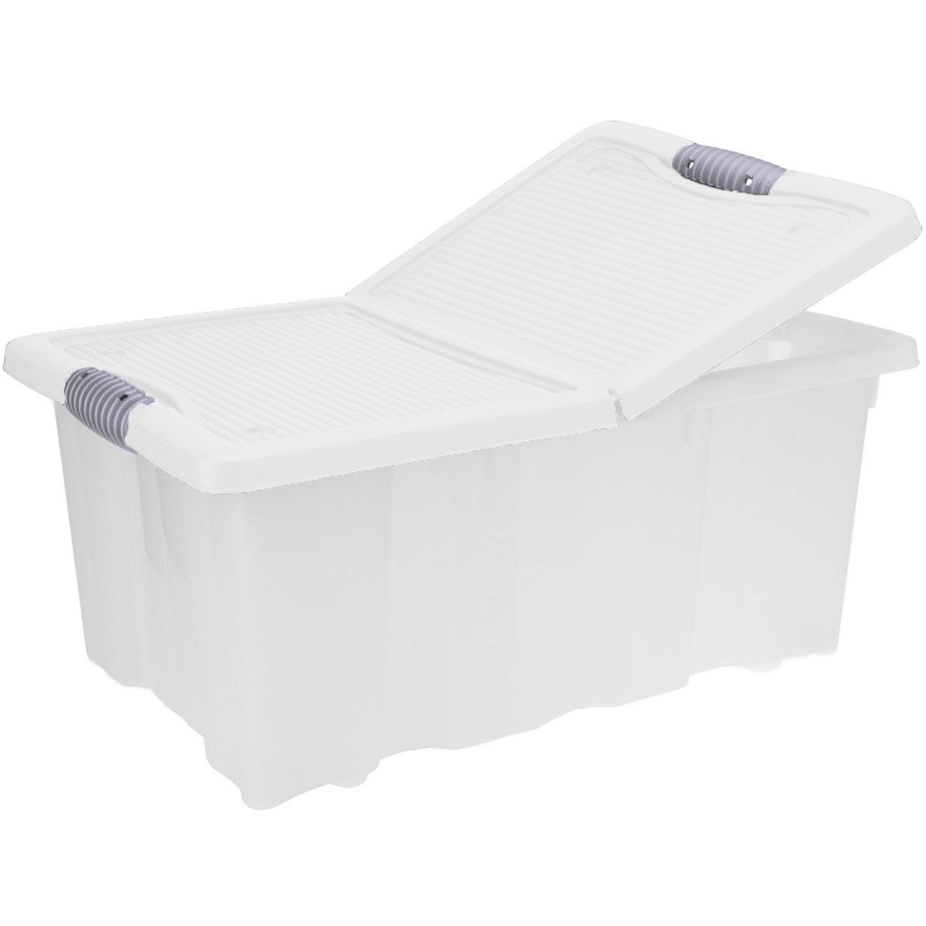 Storage solutions Aufbewahrungsbox Aufbewahrungsbox XL 64L mit Clip-Deckel Transparente Plastikbox Silber, für Bettwäsche, Handtücher, Kleidung - schafft Ordnung