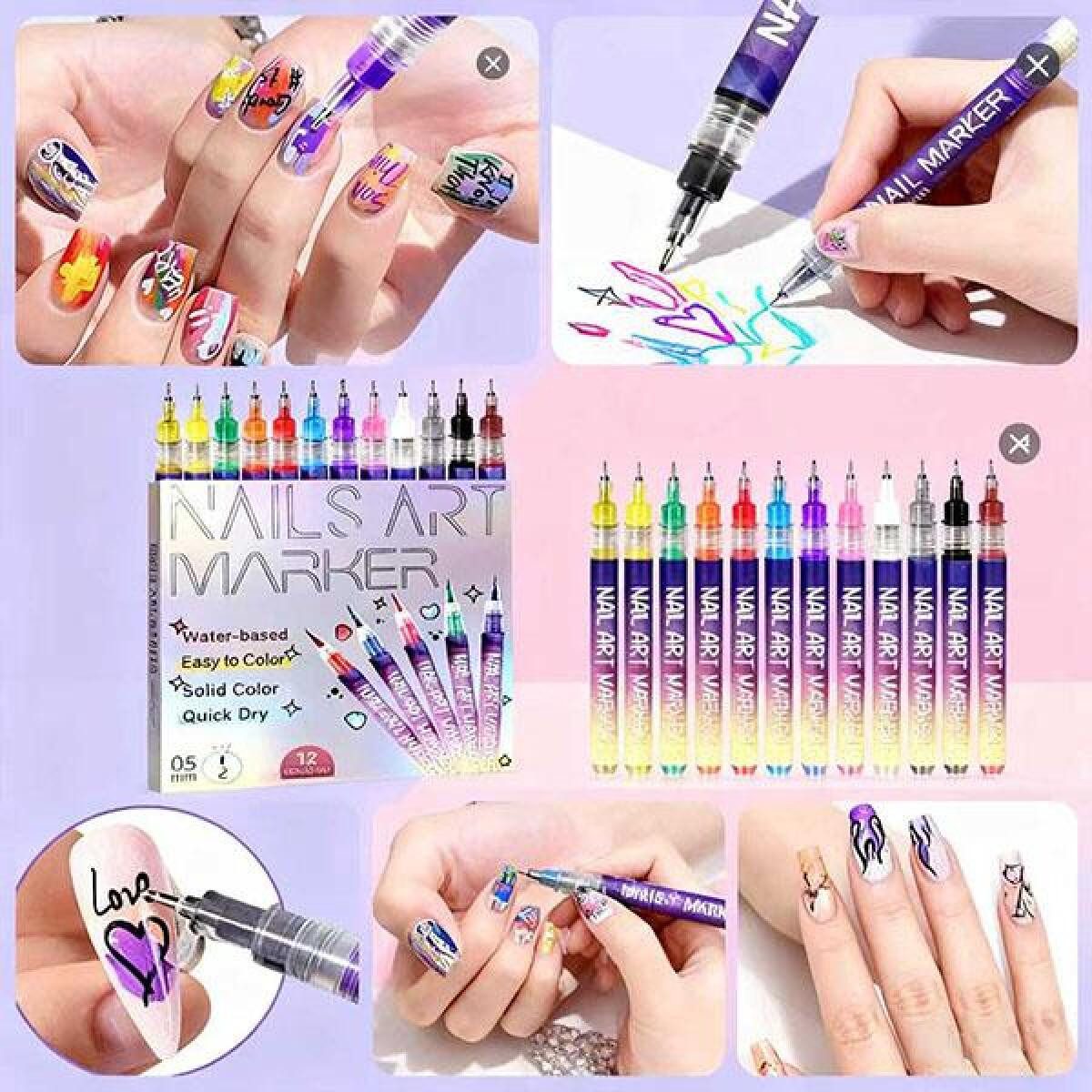 FELIXLEO Nageldesign Zubehör 12 farbige Nageldesign Marker Set Acryl schnelltrocknend, 1-tlg.
