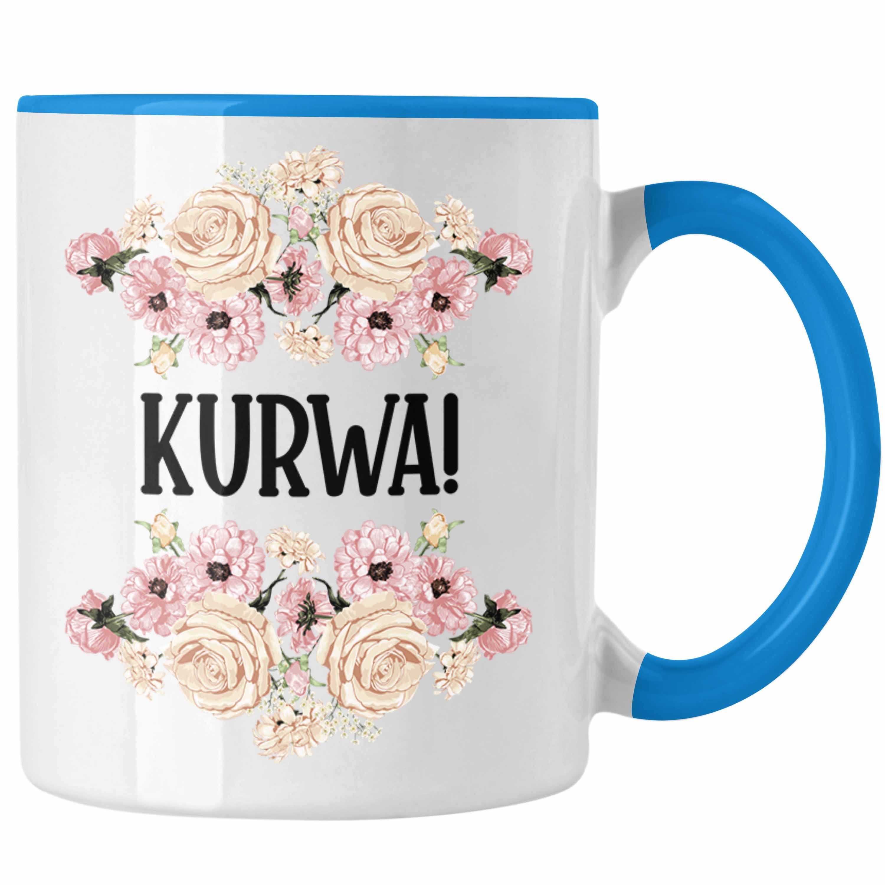 Trendation Tasse Trendation - KURWA Tasse Freundin Kollege mit Provokante Spruch Kaffeetasse Kollegin Spruch Blau Tasse Büro