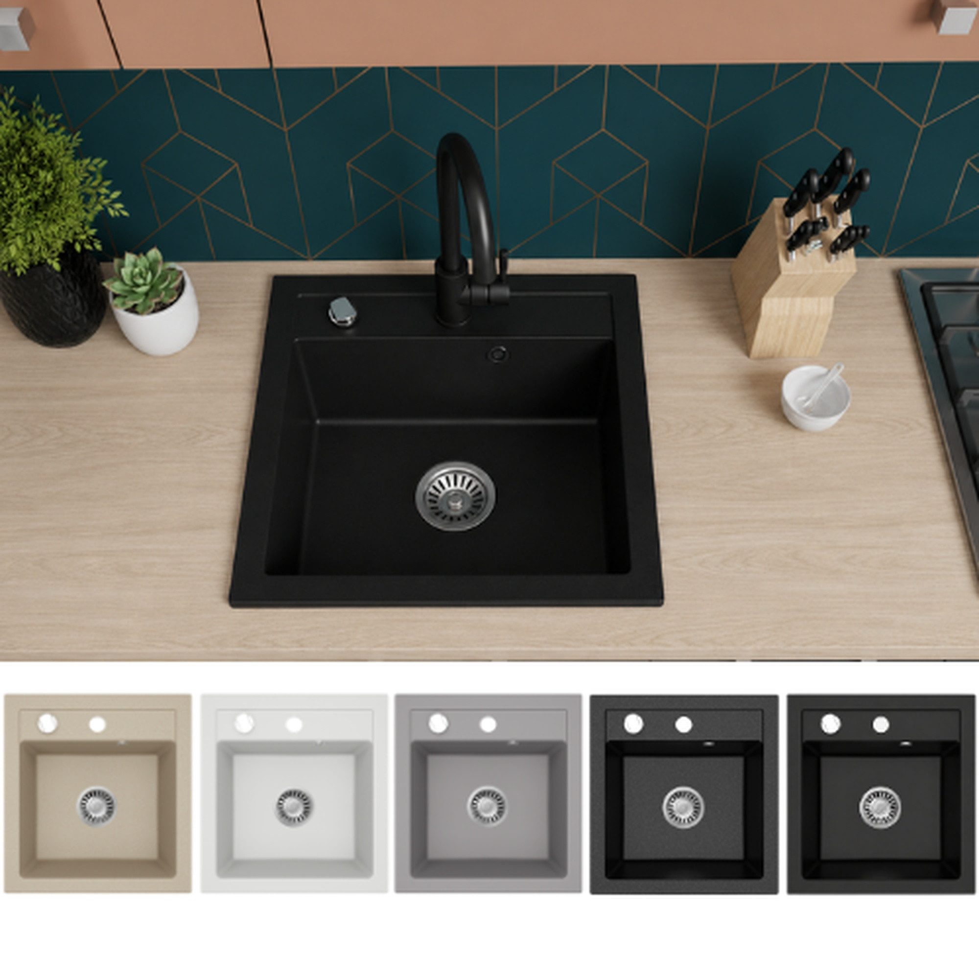 Faizee Möbel Granitspüle Granitspüle Milano 48x50 in verschieden Farben (Mattschwarz), Eckig