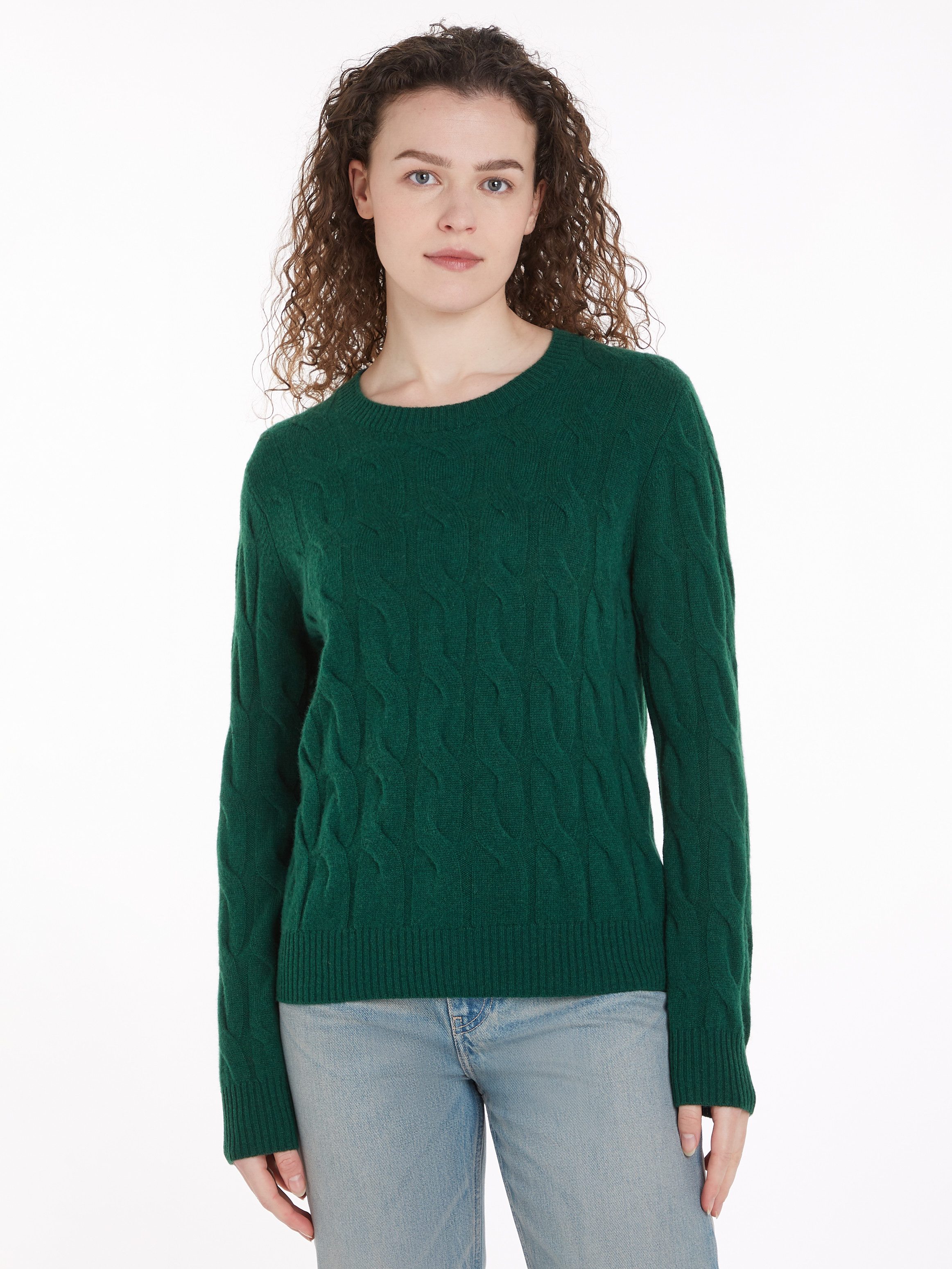 Tommy Hilfiger Strickpullover SOFT WOOL CABLE C-NK mit Zopfmuster, aus reiner Wolle
