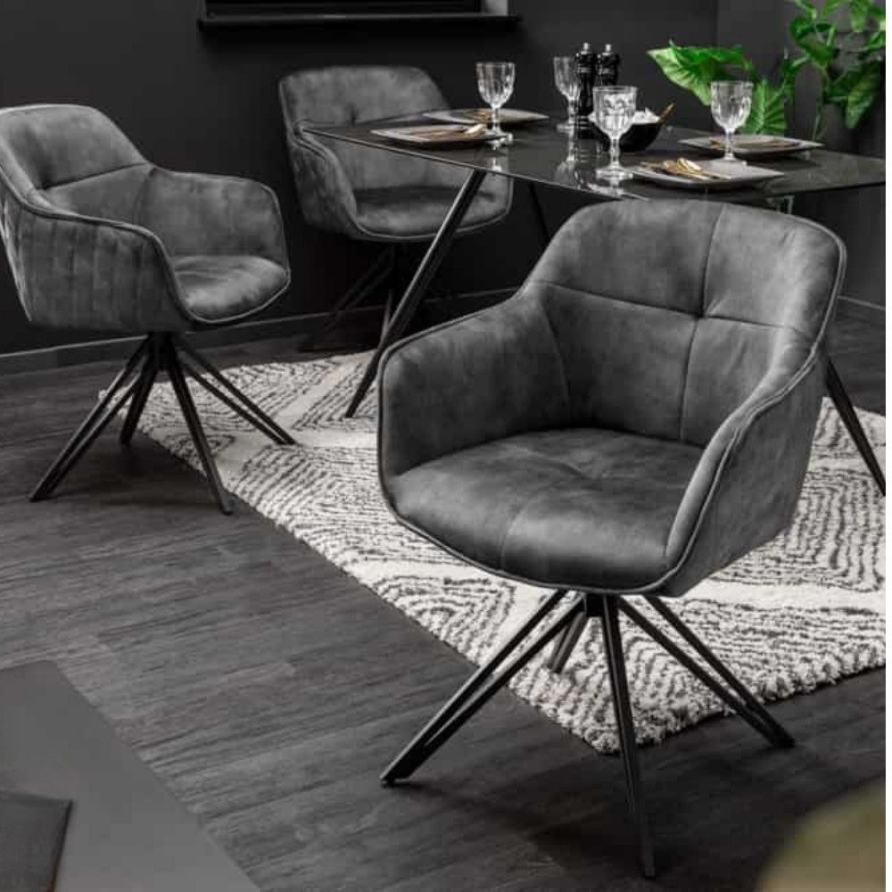 LebensWohnArt Stuhl Eleganter Drehstuhl HORA Samt grau Retrostil Armlehnen