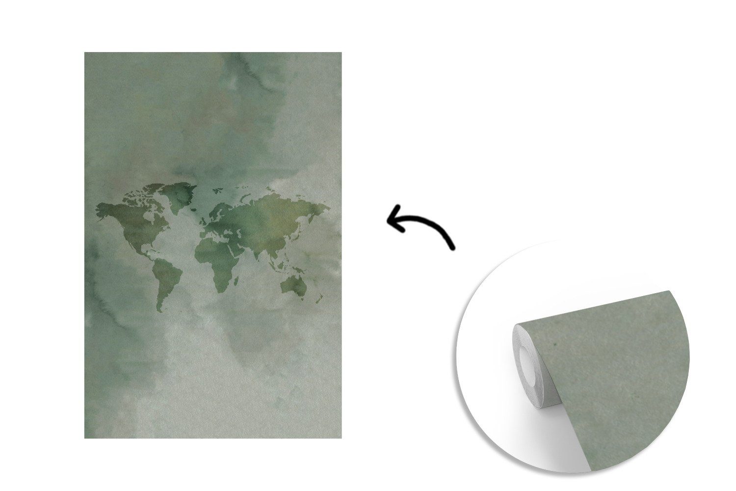 MuchoWow Fototapete Tapete - Grau, Weltkarte St), - Aquarellfarbe Vinyl Wohnzimmer, Montagefertig Matt, für Wandtapete - bedruckt, Grün (3