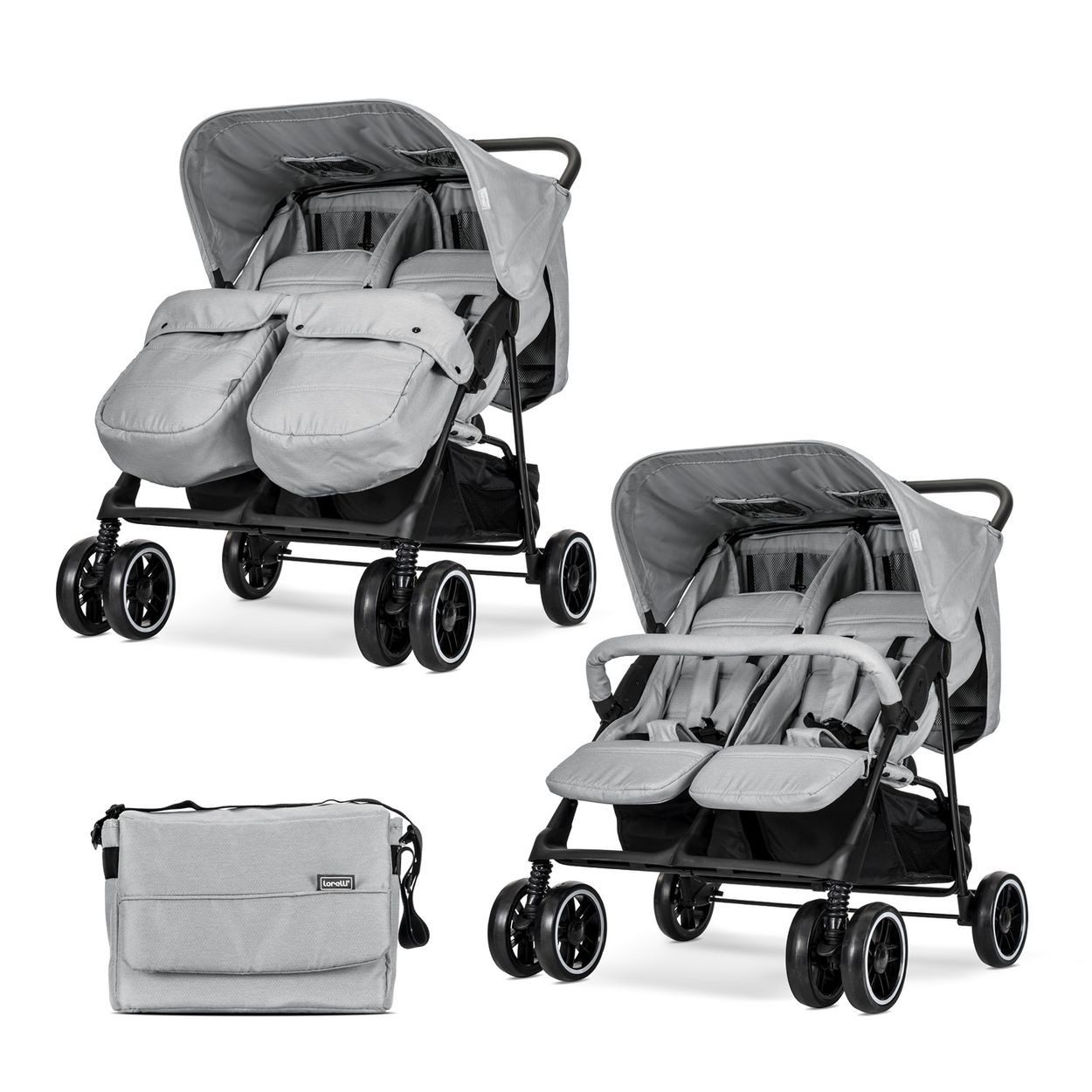 Lorelli Zwillingswagen Zwillingskinderwagen TWIN, Wickeltasche Einhand-Klappsystem Fußabdeckung