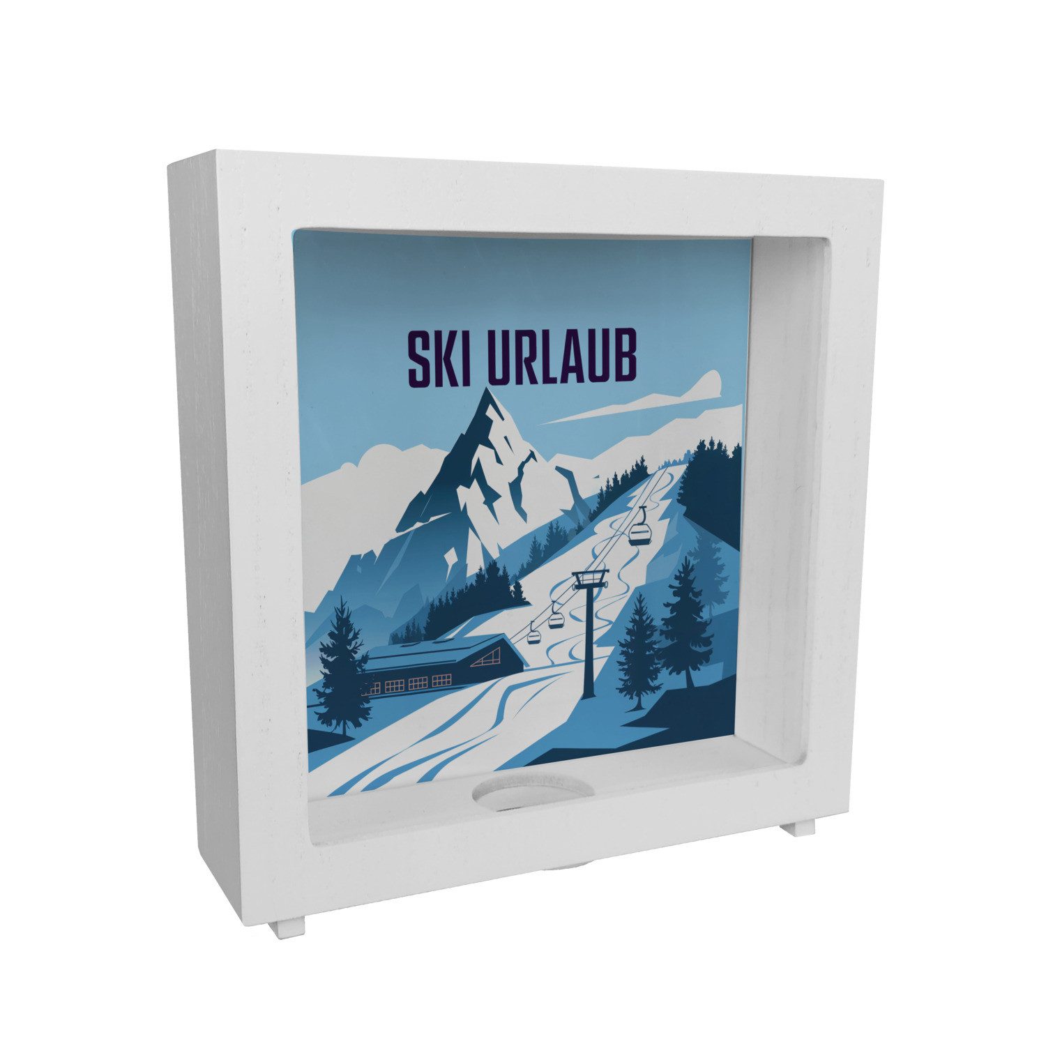 Spardose Berglandschaft Skipiste - Ski Urlaub Rahmen Spardose aus Holz