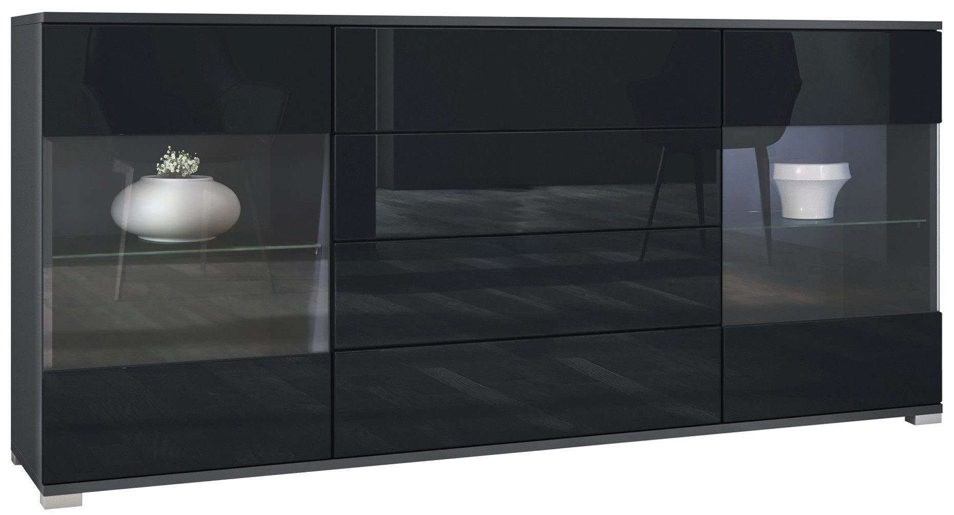 Vladon Sideboard Bari V2 (Kommode mit 2 Türen, 4 Schubladen und 2 flexible Glaseinlegeböden), Anthrazit matt/Schwarz Hochglanz (166,5 x 75,5 x 35)