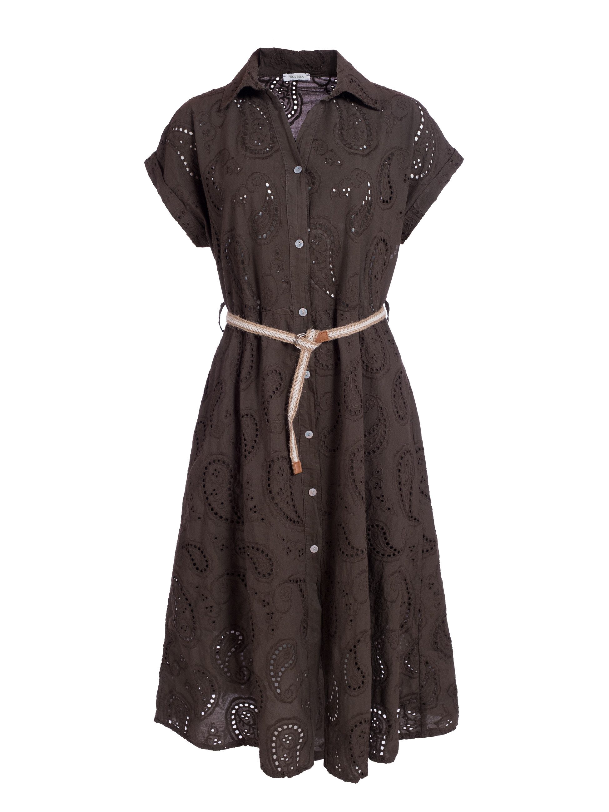 PEKIVESSA Sommerkleid Hemdblusenkleid mit Lochstickerei und Gürtel in Midilänge