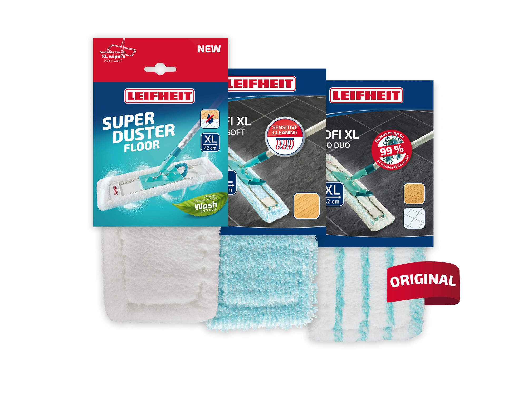 Leifheit 3er Set Wischbezug Profi XL Wischbezug (Mikrofaser,Kunstfaser, 18.0x50.0 cm, 3-tlg., Allround-Bodenreinigung, hygienisch reinigen, Staubbezug inklusive)