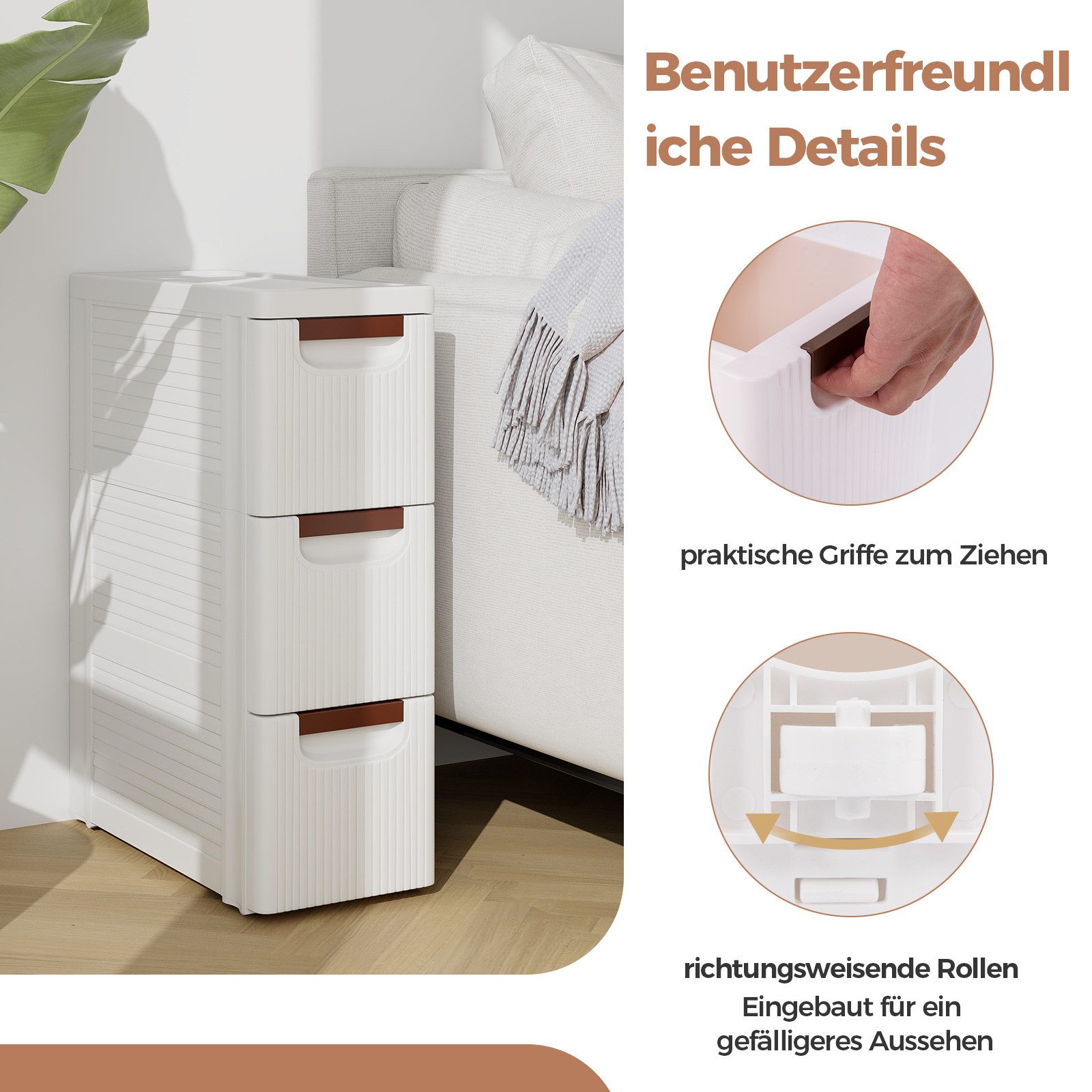 COSTWAY Beistellwagen, Nischenschrank schmal, mit 3 Schubladen & Rollen, weiß