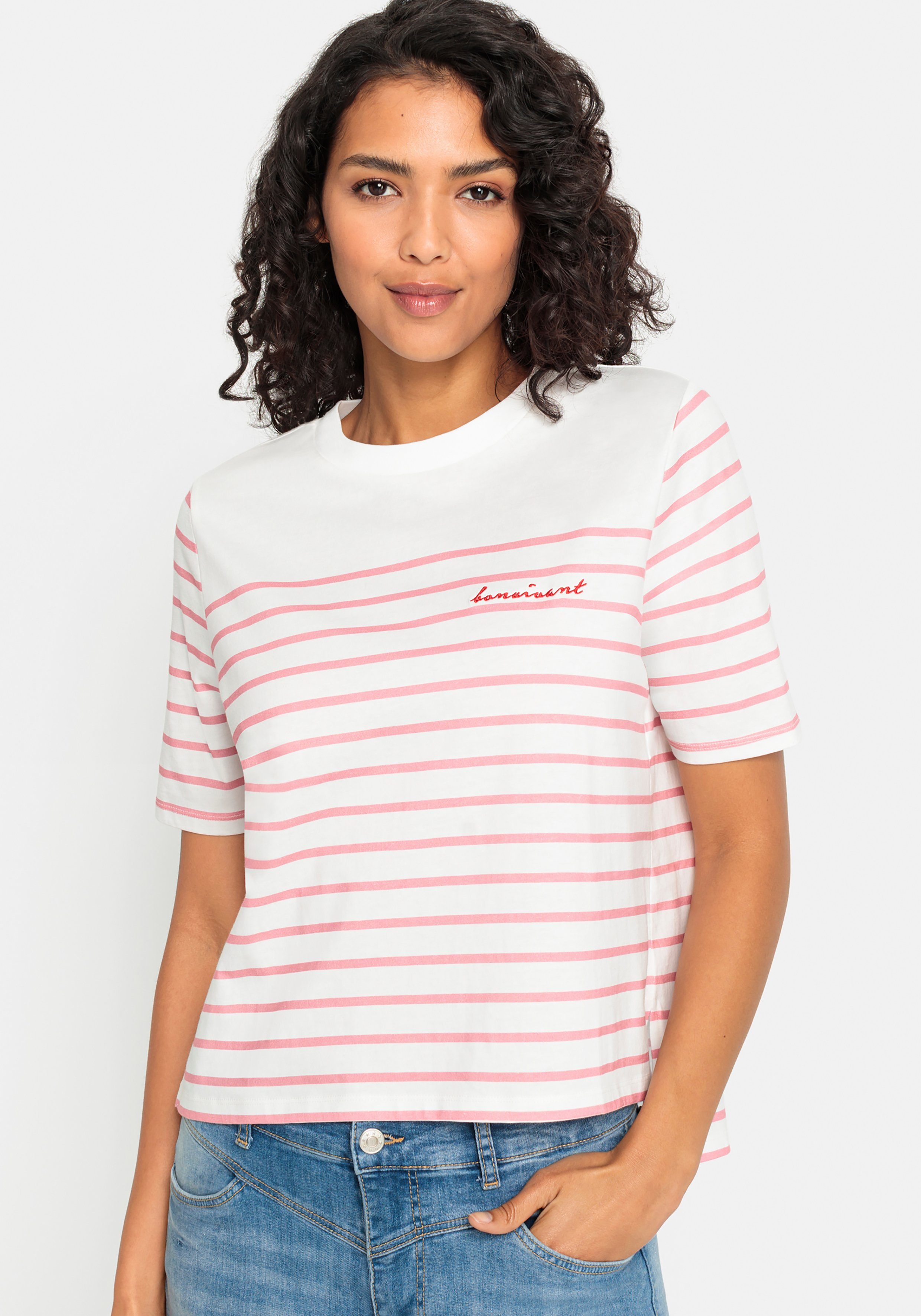 LASCANA T-Shirt mit Streifen weiß-rosé gestreift