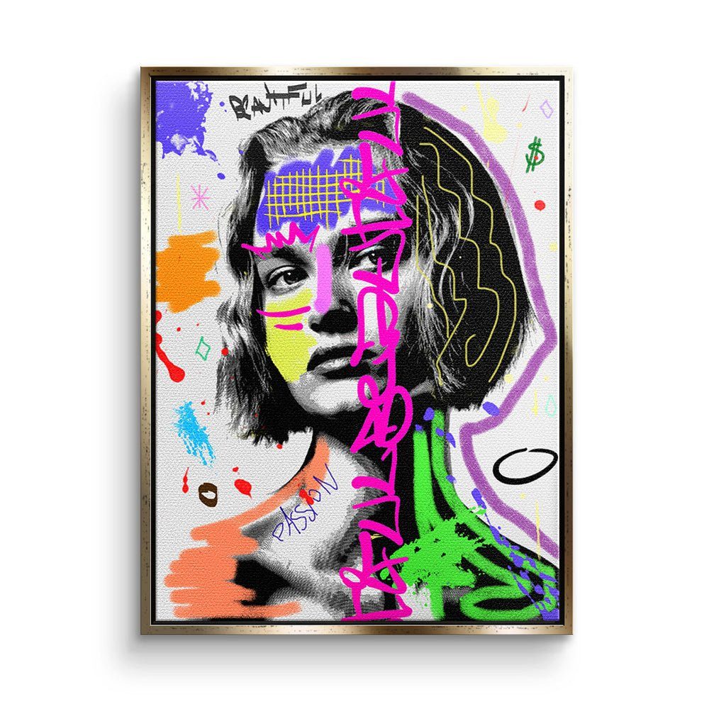 DOTCOMCANVAS® Leinwandbild, Leinwandbild Pop Art Graffiti Lady Power weiß mit premium Rahmen goldener Rahmen
