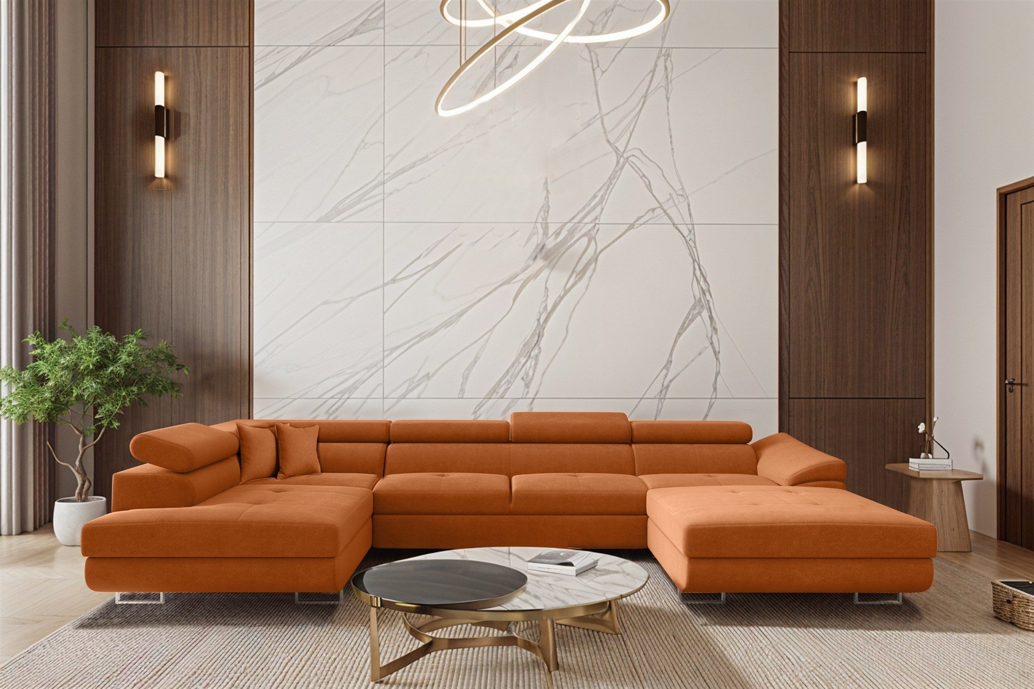 Fun Möbel Wohnlandschaft CARMELO Sofa mit Schlaffunktion und Ottomane Stoff Nova, mit Bettkasten, Rücken echt bezogen