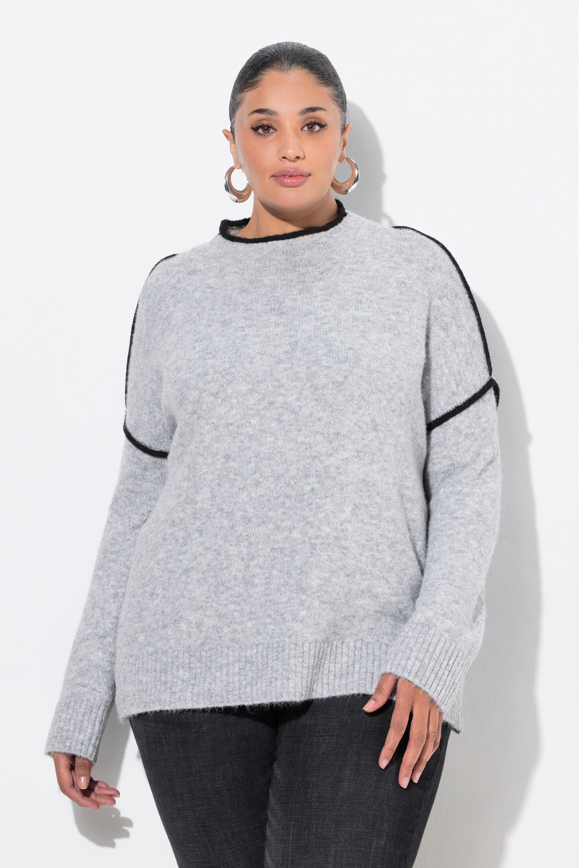 Ulla Popken Rollkragenpullover Pullover Zierstreifen Oversized Stehkragen Langarm