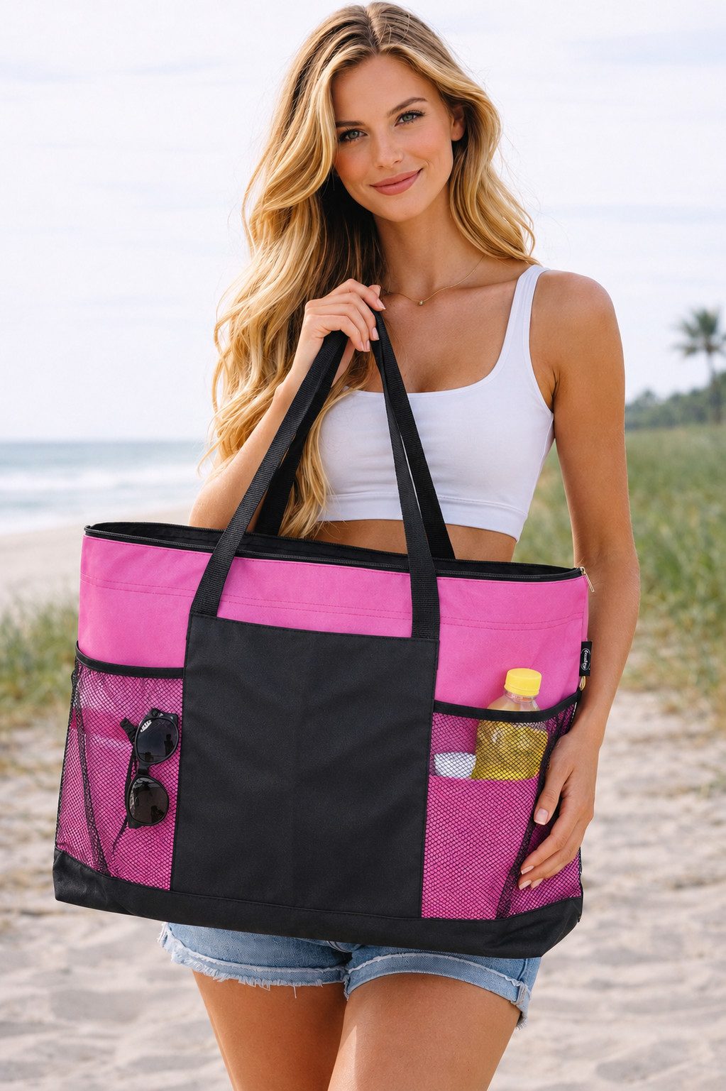 Fashy Strandtasche Fashy - Große XXL Strandtasche Badetasche Umhängetasche Pink Schwarz