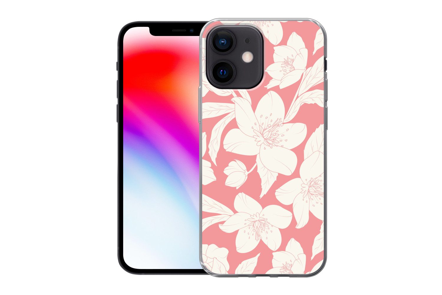 MuchoWow Handyhülle für Apple iPhone 12 mini Blumen - Muster - Rosa - Weiß, Smartphone-Bumper, Print, Handy Schutzhülle Dünn