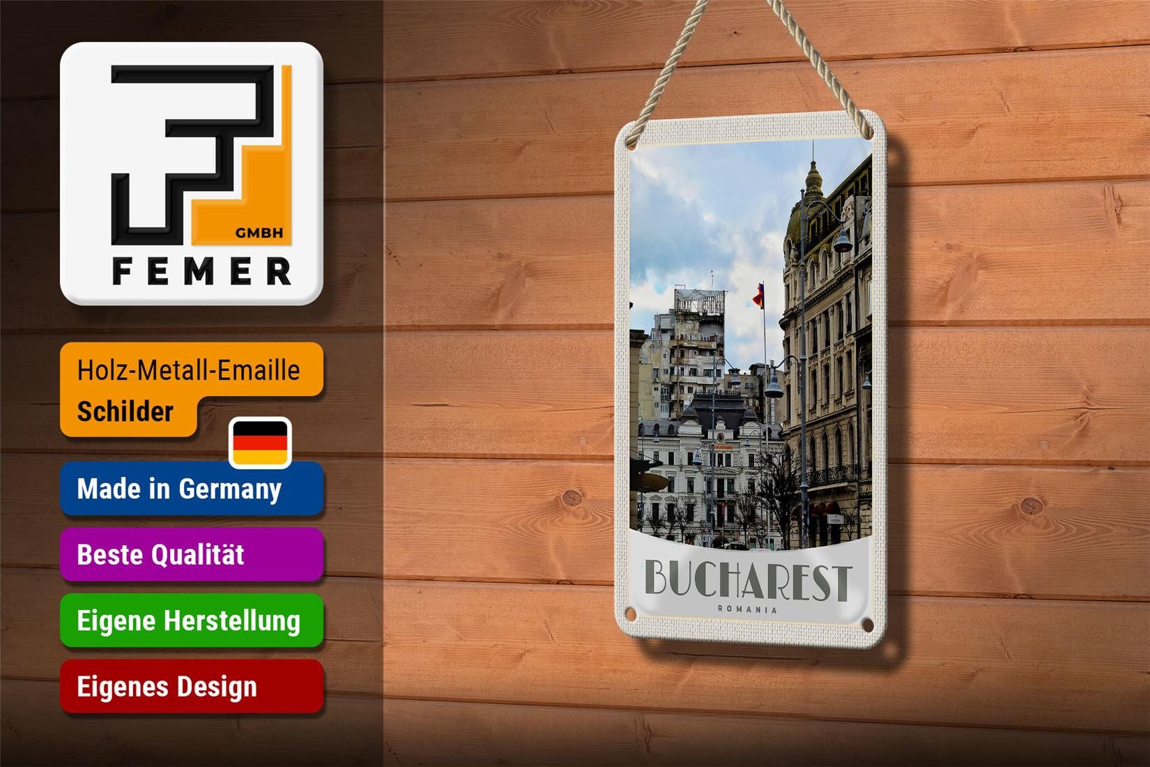 Femer GmbH Metallschild Reise 12x18cm Bukarest Rumänien Hauptstadt Urlaub Schild, (1 St), gewölbte Oberfläche, abgerundete Ecken, umgeschlagene Kanten