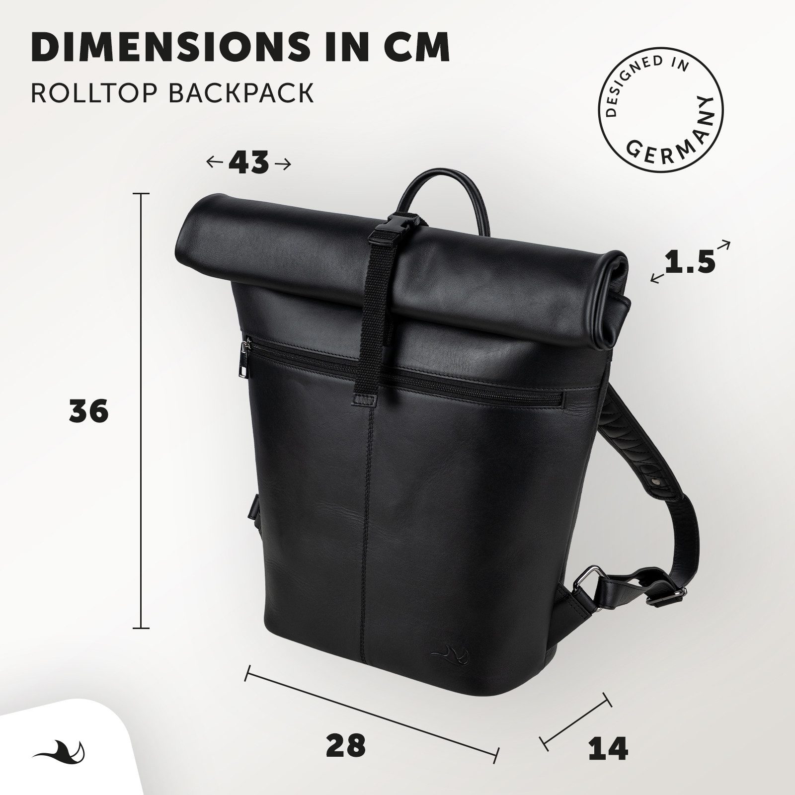 MANTA Laptoprucksack Echtleder Rolltop Backpack, Kurierrucksack, mit 16-Zoll Laptopfach, Echtes Leder