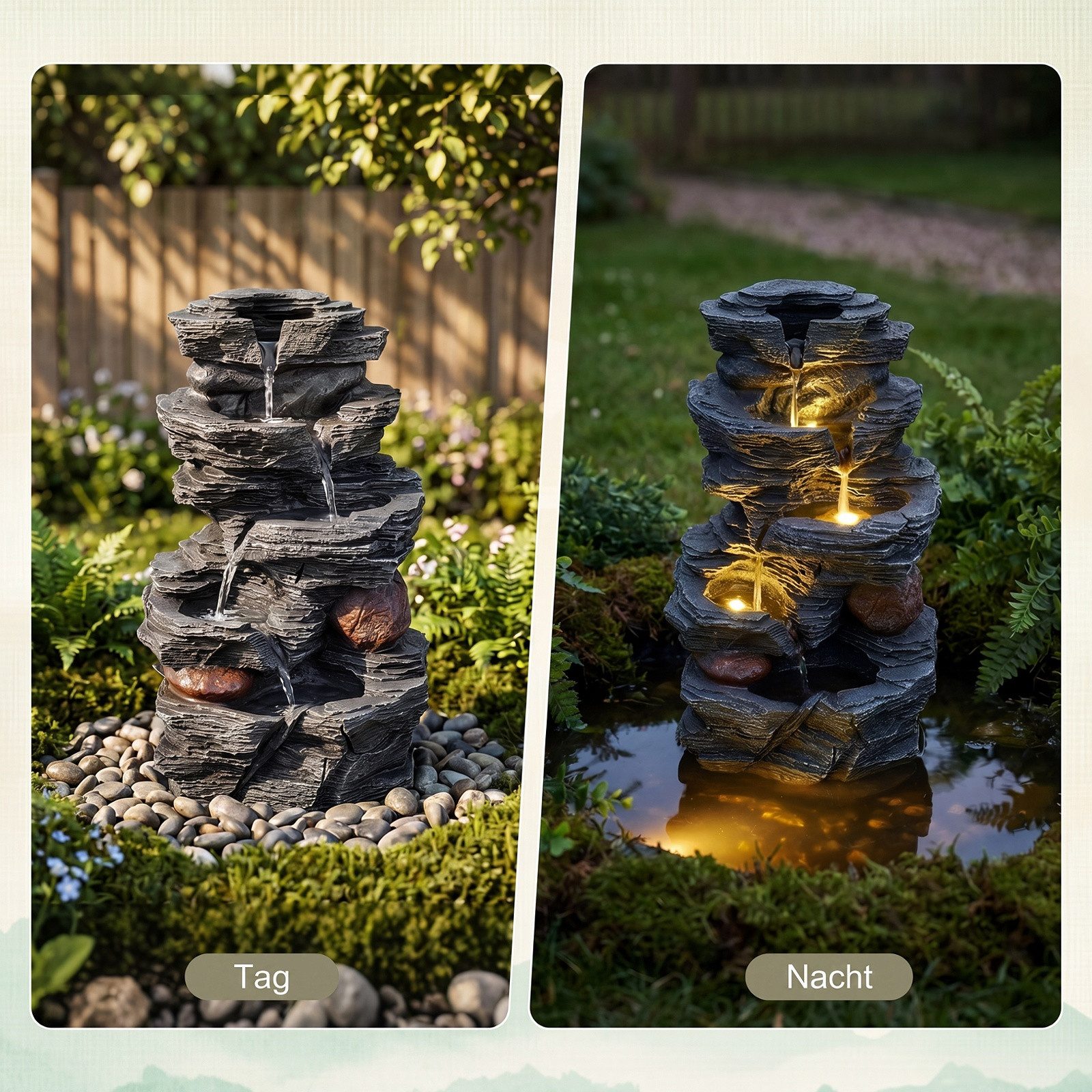 COSTWAY Zimmerbrunnen, Mit leise Pumpe, Naturstein-Optik, LED-Beleuchtung
