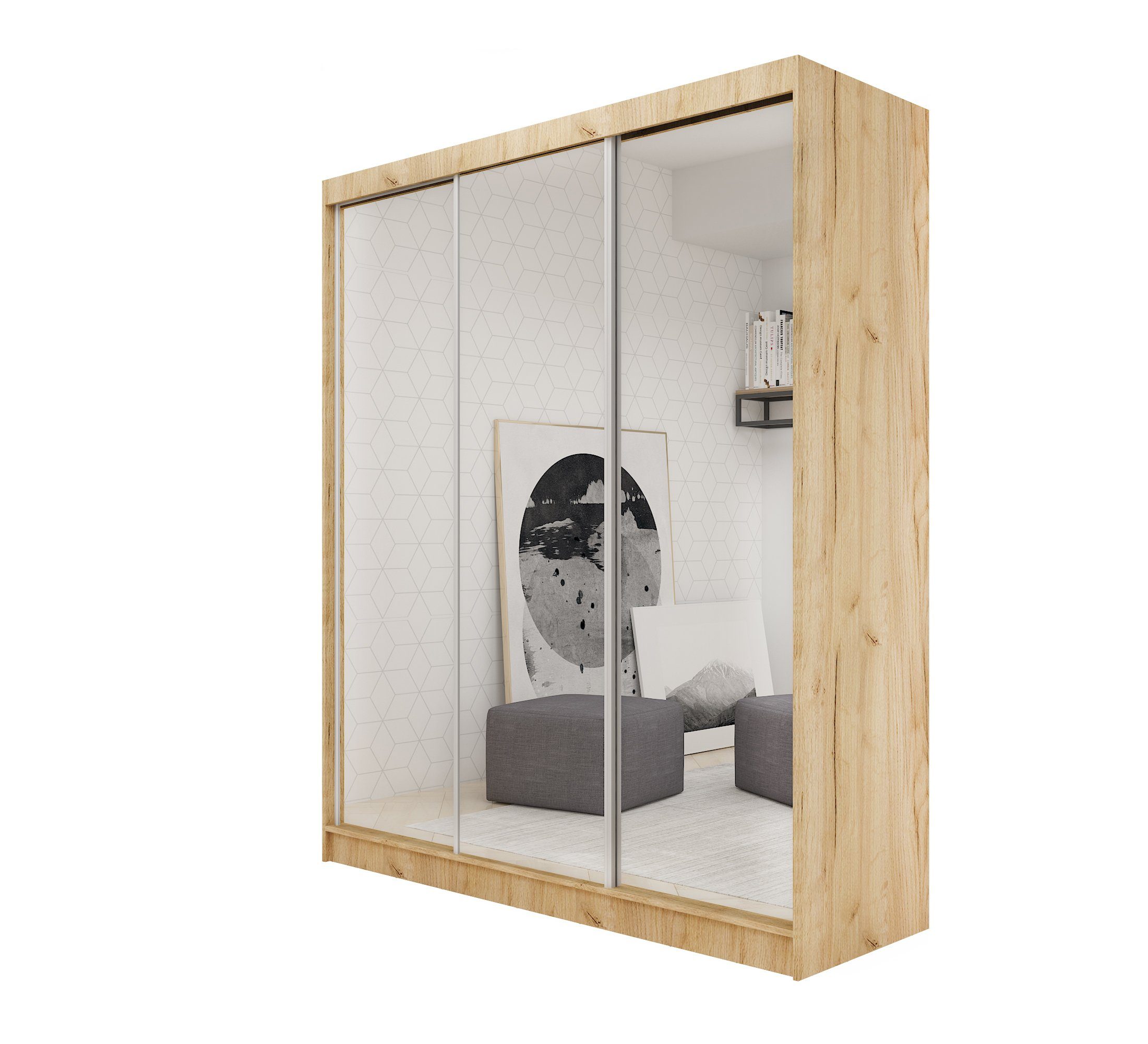 Compleo Schwebetürenschrank Compleo MOLDE 04, Sonoma Garderobe Spiegel Kleiderschrank mit 180 cm