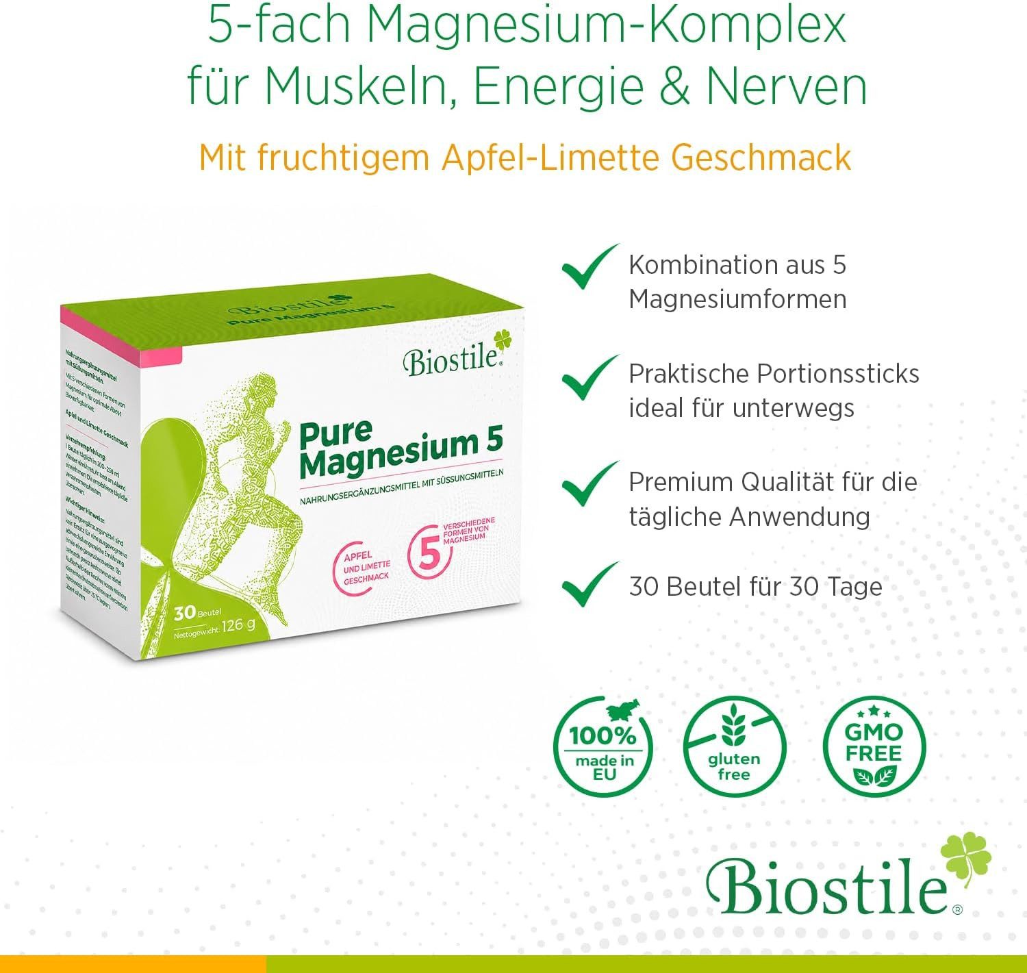 Biostile Magnesium Pulver mit 5 Magnesiumformen für Energie, Muskeln, Knochen - Beutel, 126 g, Mit Citrat, Bisglycinat, Malat, Gluconat und Succinat, 30 Beutel