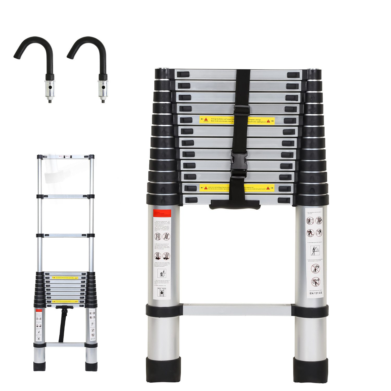 Clanmacy Teleskopleiter Teleskopleiter Alu 2,6~5m Ausziehleiter Anlegeleiter bis 150kg