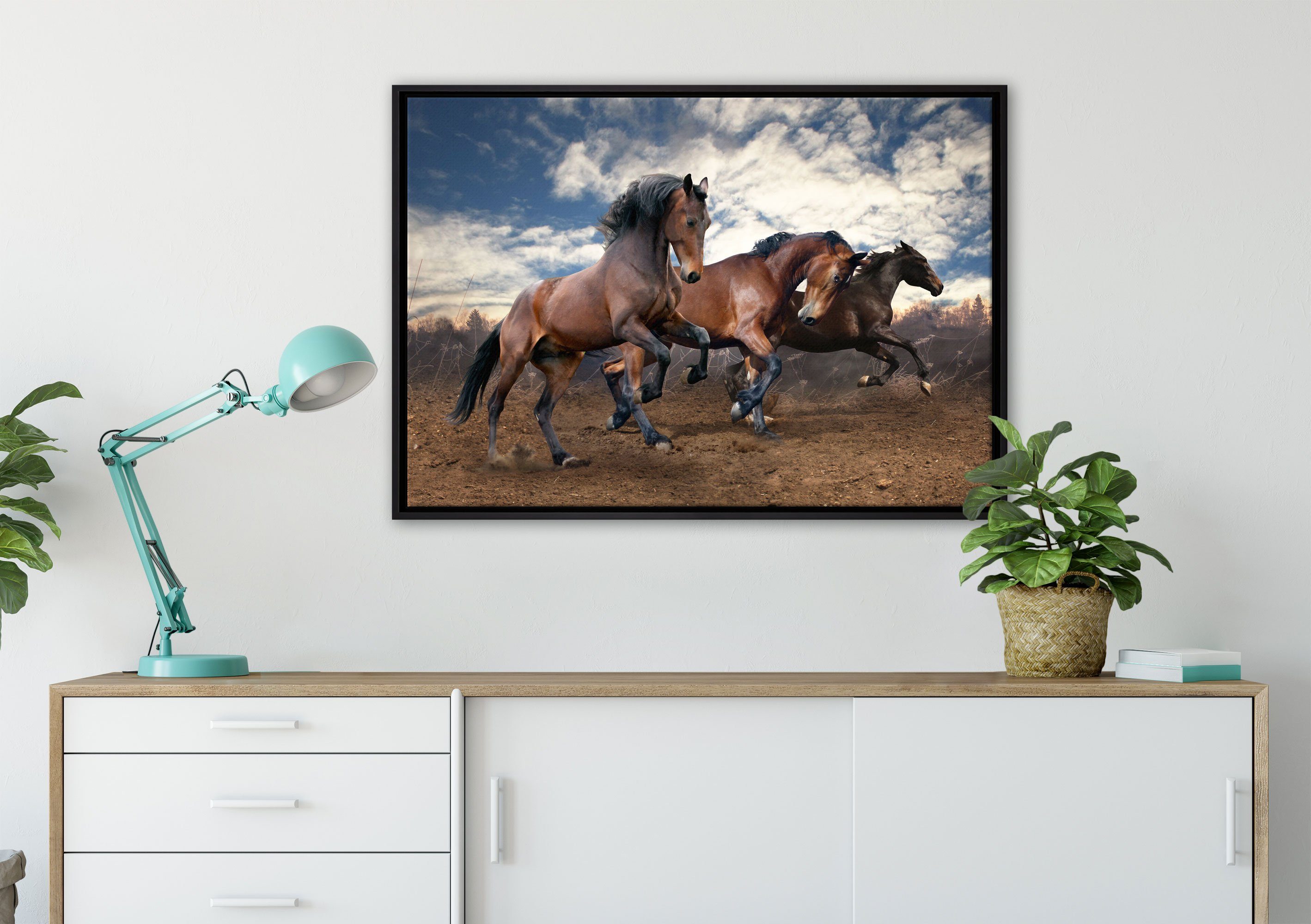 Pixxprint Leinwandbild Wilde freie St), in Pferde, Leinwandbild gefasst, Zackenaufhänger Schattenfugen-Bilderrahmen (1 Wanddekoration fertig bespannt, einem inkl