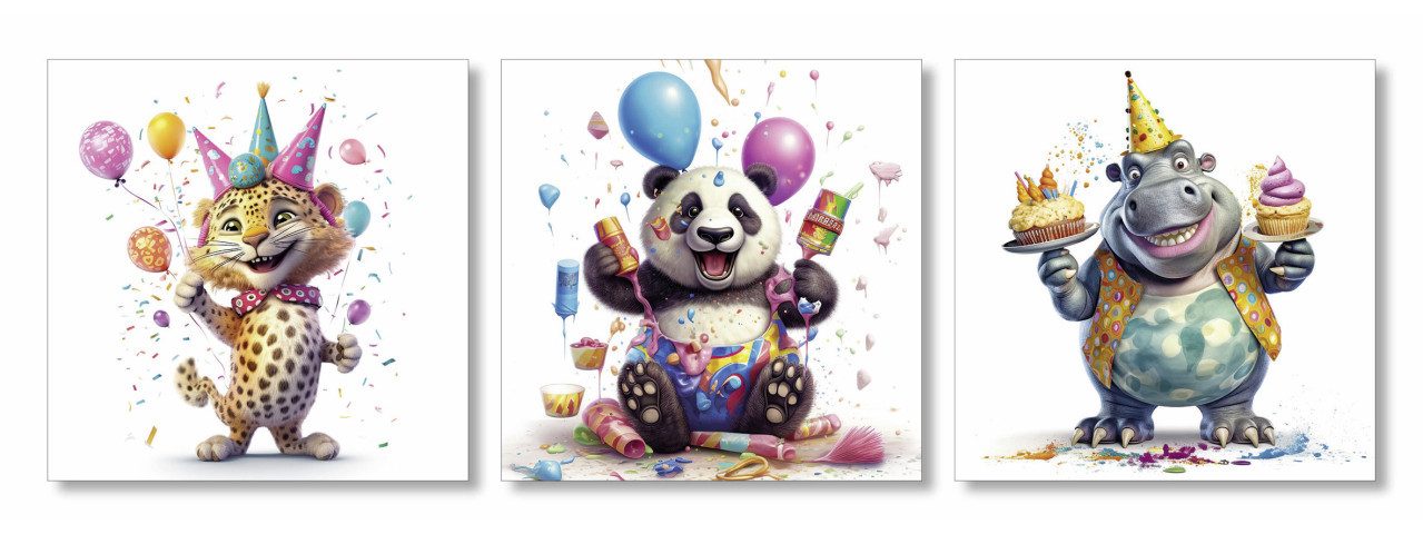 The Wall - the art of framing AG Wandbild Keilrahmenbild Birthday animals 25 x 25 cm 3 Stück, Tiere