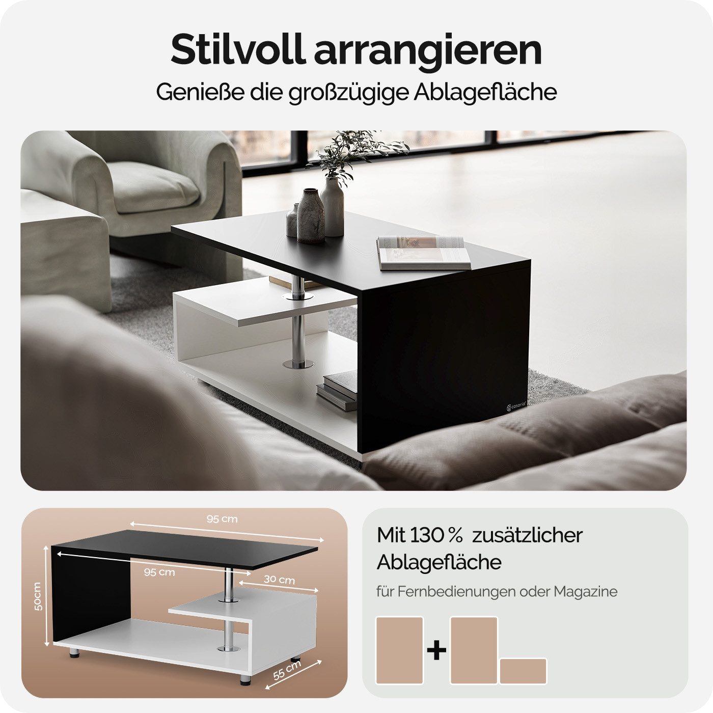 Casaria Couchtisch Orlando, Stauraum Ablagen Holz Modern Höhenverstellbar 95x55x50cm Schwarz Weiß – Bild 5 von 5