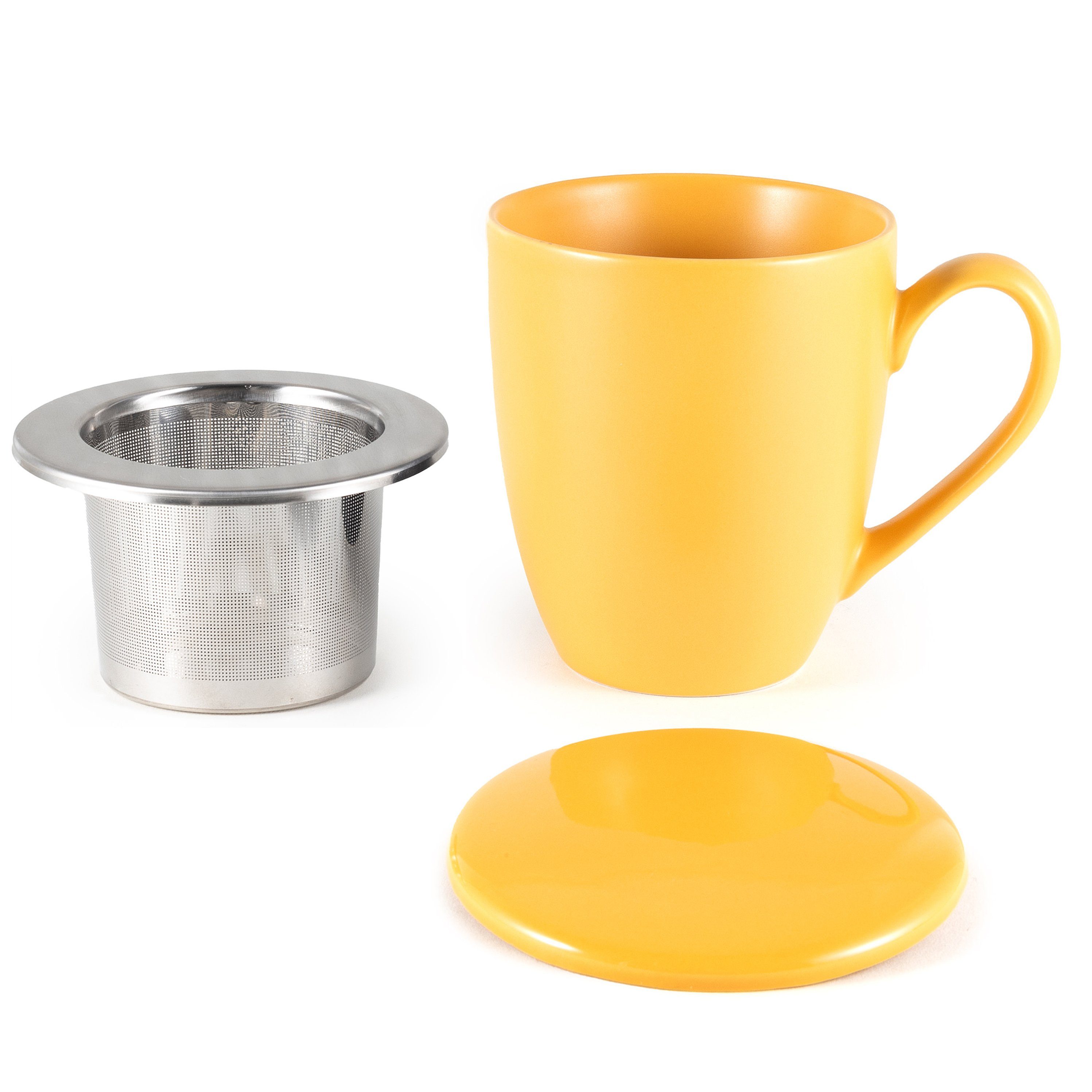 Hanseküche Tasse Teetasse mit Deckel Teebecher mit – und Orange Dickwandige 650ml, Keramik, Ultrafeinfilter, Thermoeffekt, Keramik Sieb XXL