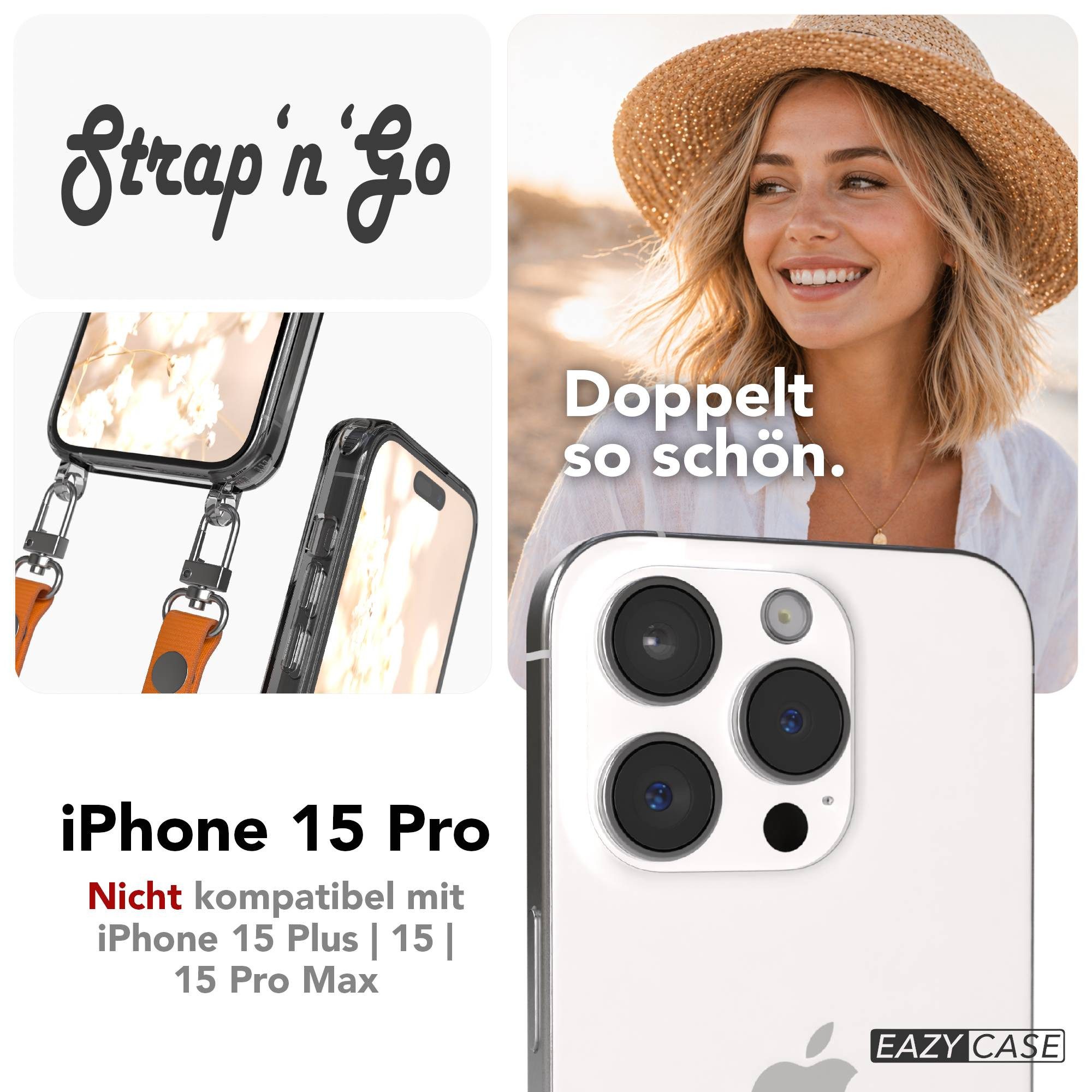 EAZY CASE Handykette für Apple iPhone 15 Pro Handyhülle mit Handyband magnetisch, Stylische Handykordel in Orange mit Magnet und 2x2 Connectoren