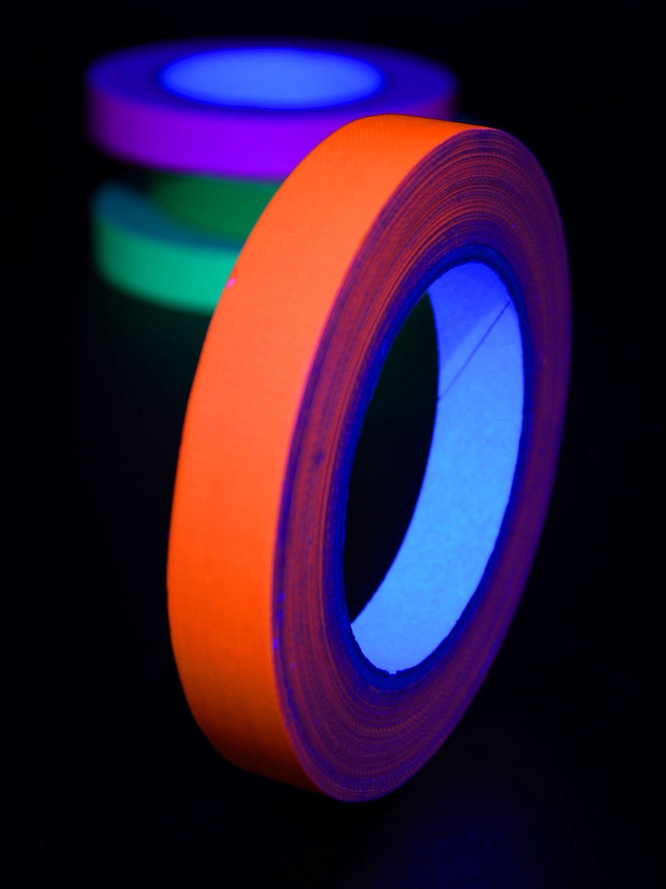 Gewebeklebeband Schwarzlicht unter UV-aktiv, Rolle Orange, Klebeband Tape 19mm PSYWORK 25m-Rolle leuchtet Schwarzlicht Neon