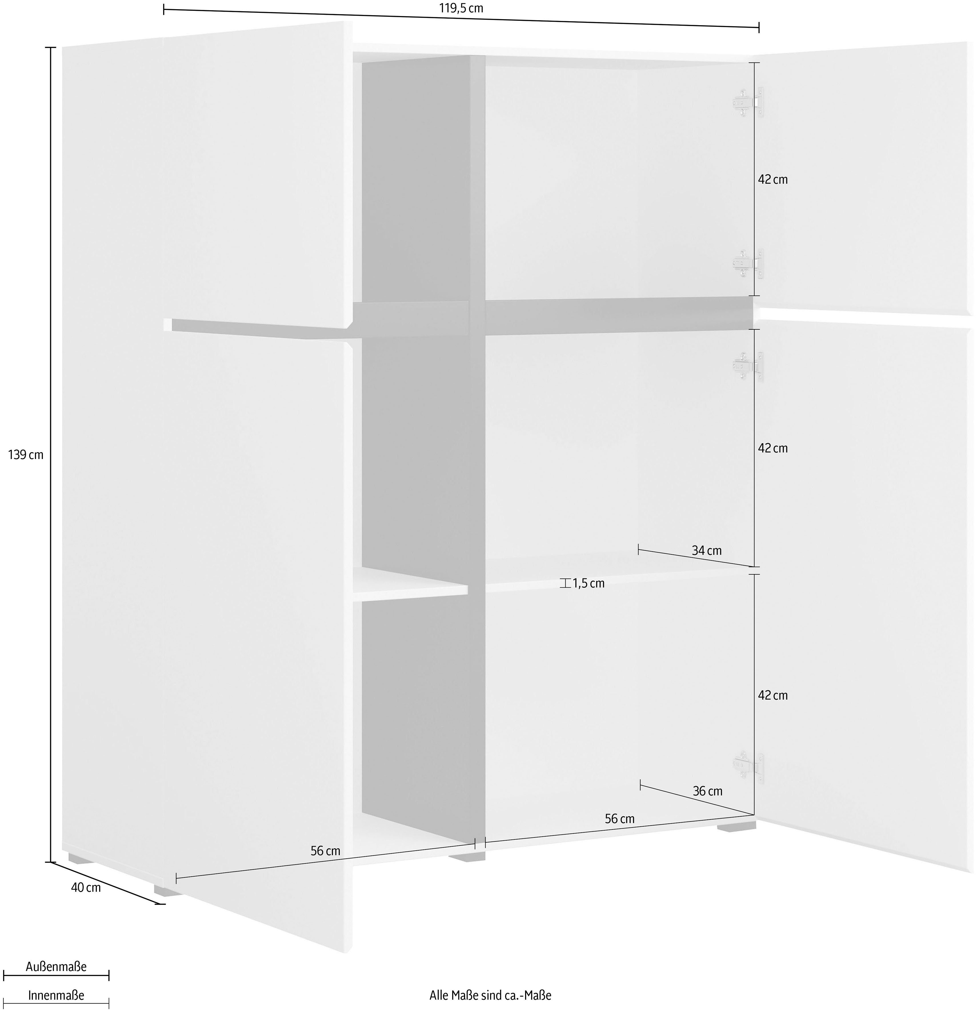 INOSIGN Highboard Cross, moderne grifflose Hochkommode mit 4 Türen,Türkommode, Hochschrank, Höhe 139 cm mit viel Stauraum, Einlegeböden verstellbar