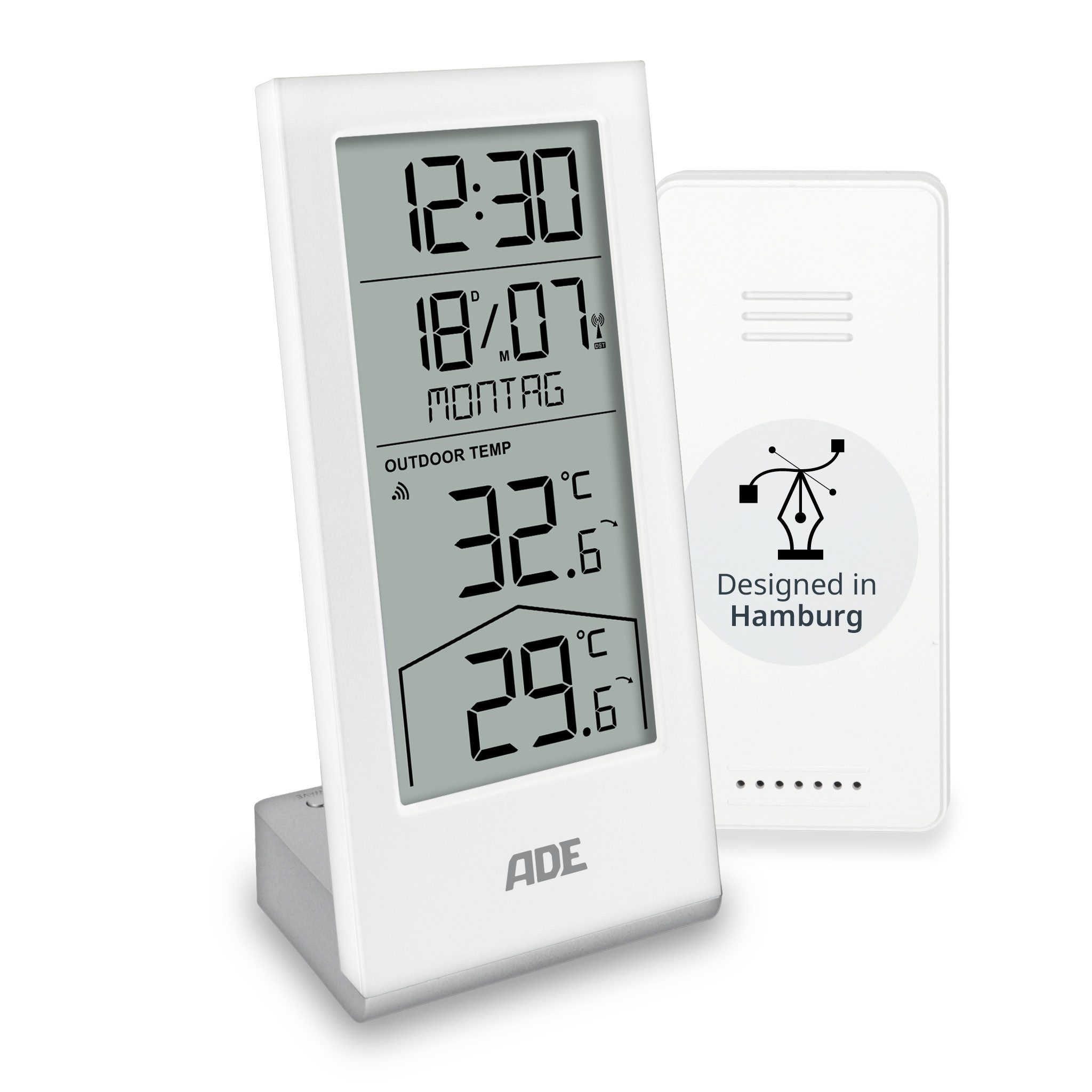 Raumthermometer funk mit Außensensor, Uhrzeit, ausgeschriebener Wochentag