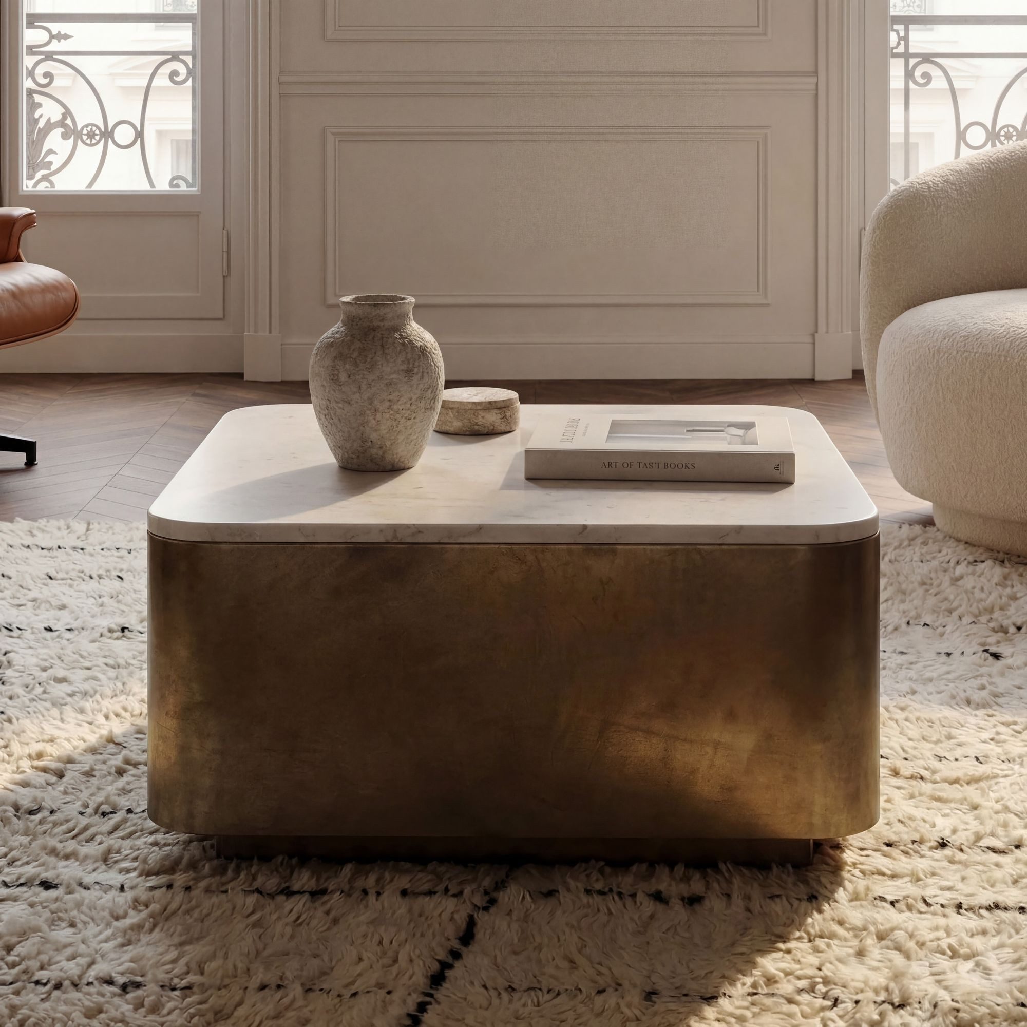 FINEBUY Couchtisch FB116592 Sofatisch Marmor Wohnzimmertisch 60cm Beistelltisch Handmade (Quadratischer Kubus in antiker Goldoptik), Massive Tischplatte aus edlem weißem Marmor