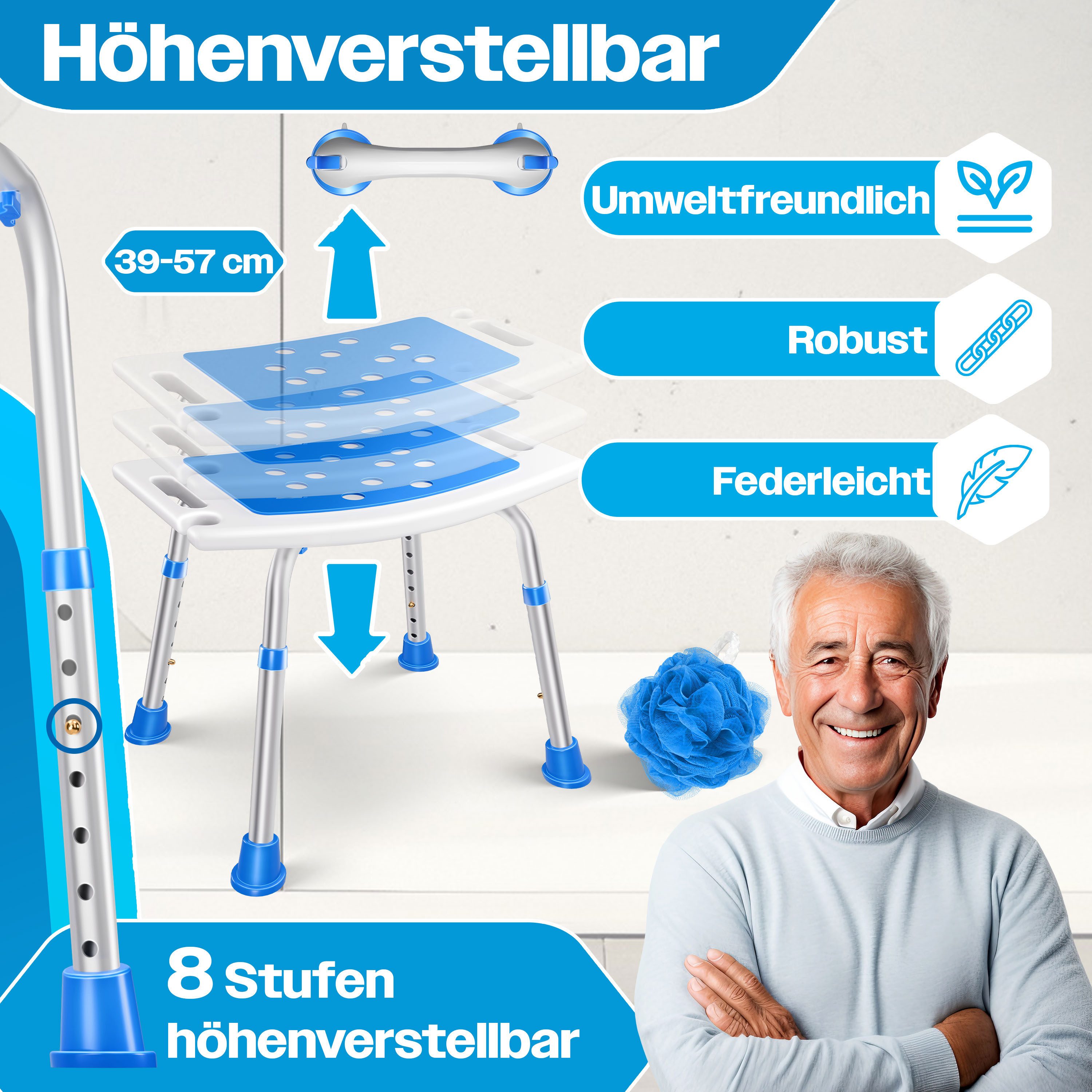 KESSER Badhocker Duschhocker höhenverstellbar & bis 136kg belastbar, Duschhilfe für Senioren, rutschfester Duschstuhl mit Zubehör – Bild 3 von 5