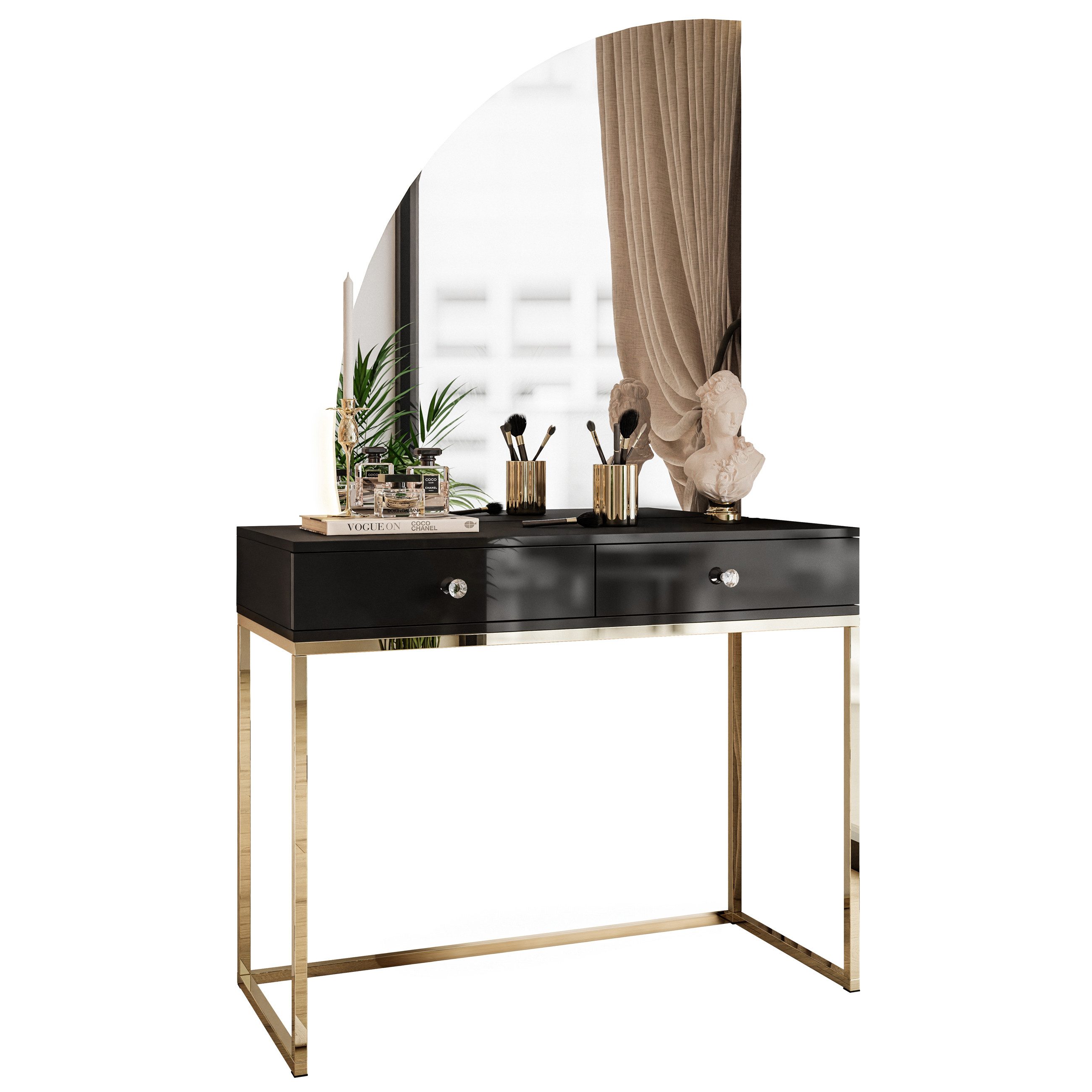 Lookway Schminktisch QUINNIE Schwarz mit Goldchrom-Gestell und Spiegel mit LED-Beleuchtung (1x Schminktisch 1x Spiegel), Breite: 100 cm